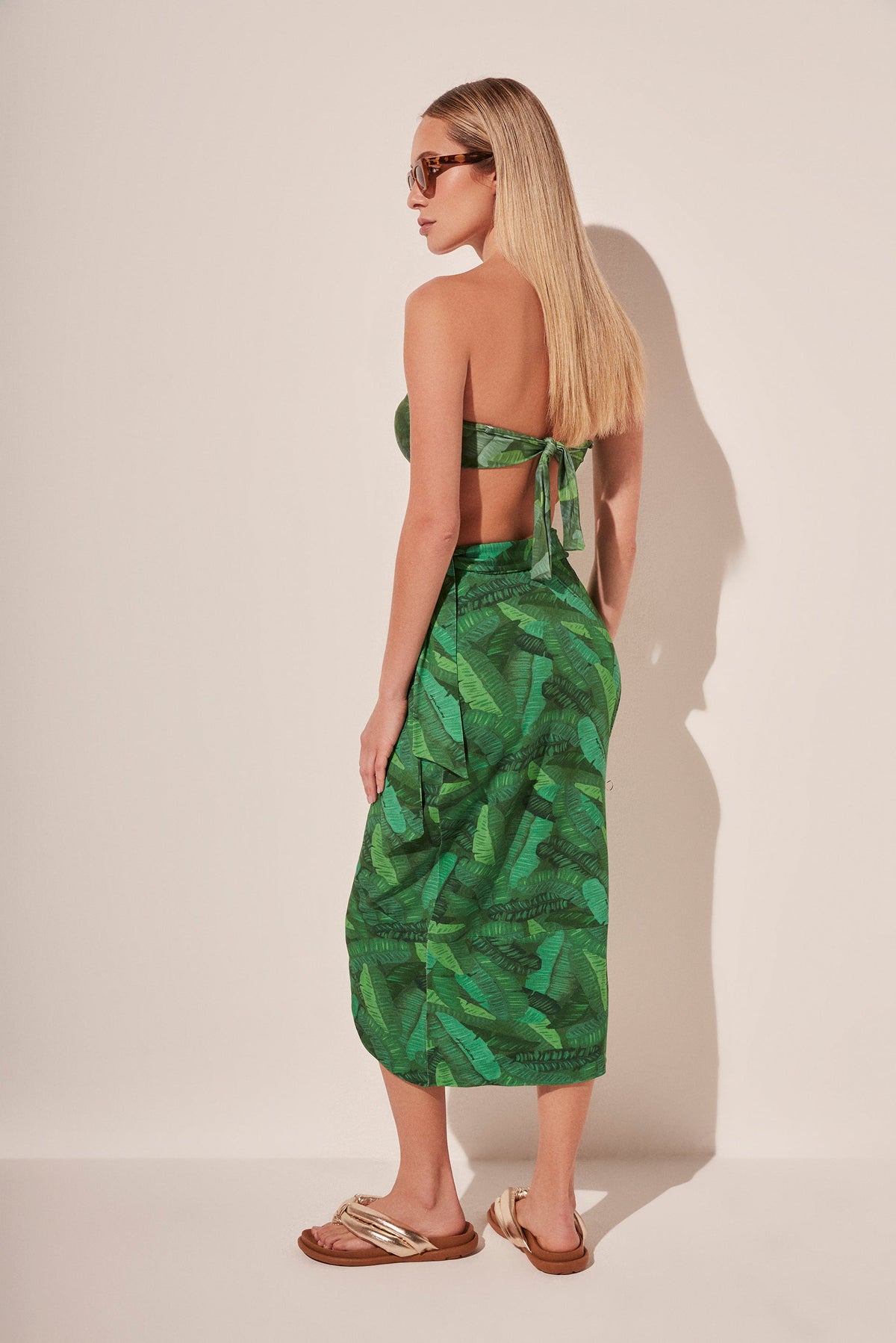Agua De Coco Tropical Leaves Criss Crossed Midi Skirt E3849A1844