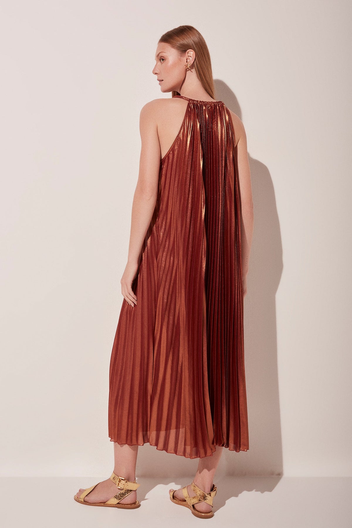 Agua De Coco Shiny Pleads Pleated Midi Dress E4094A1803