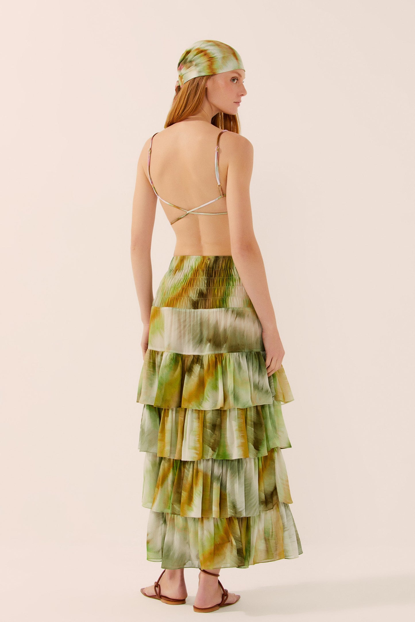 Agua De Coco Botanic Tie-Dye Midi Skirt With Ruffles E4279A1438