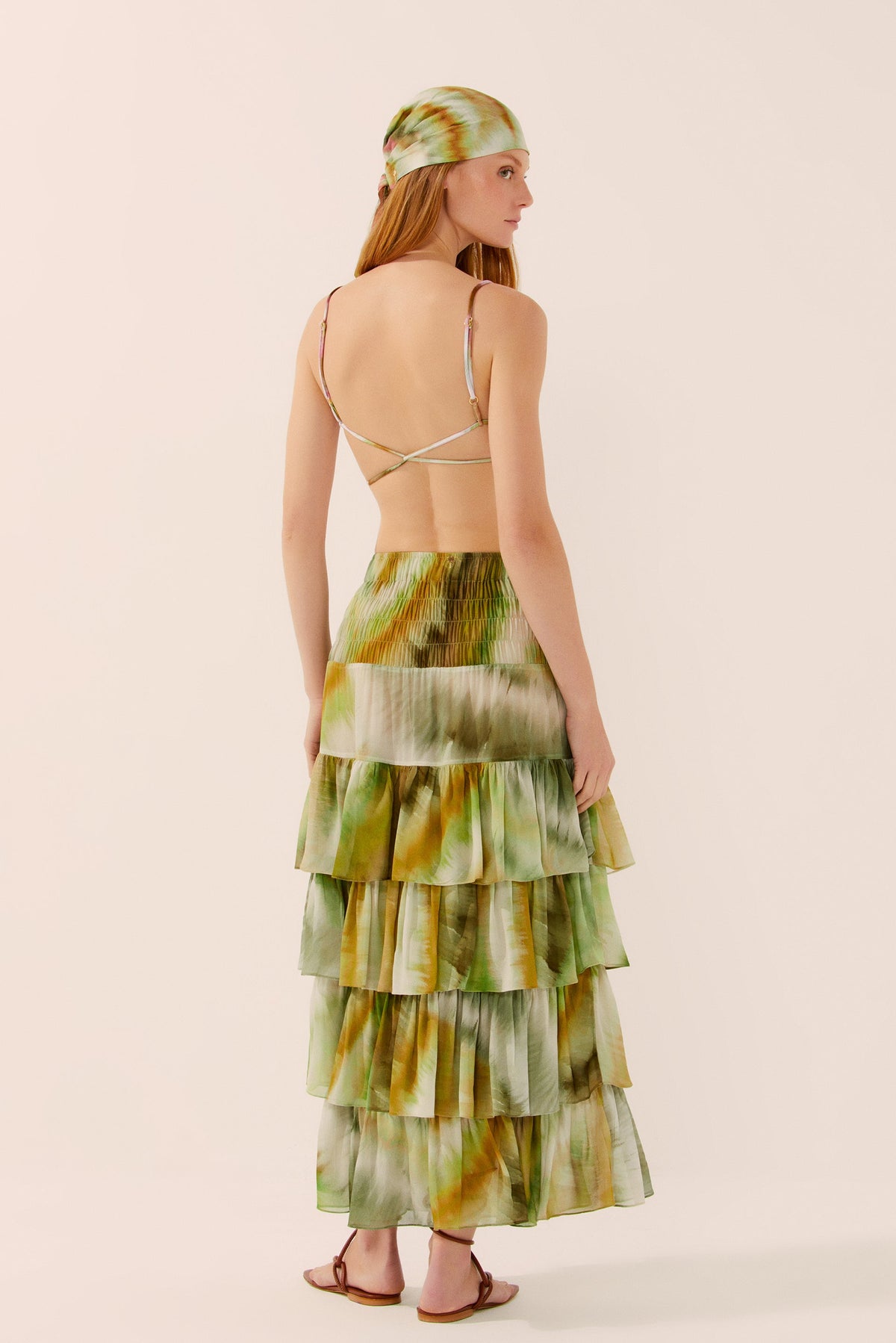 Agua De Coco Botanic Tie-Dye Midi Skirt With Ruffles E4279A1438
