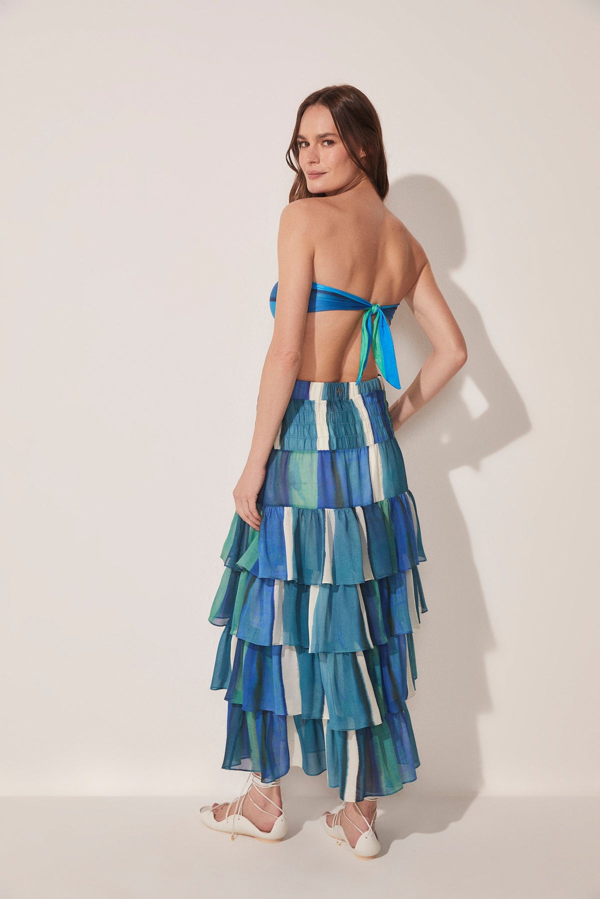 Agua De Coco Striped Water Mirror Ruffled Midi Skirt E4617A1643