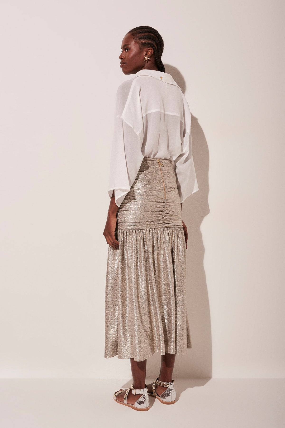 Agua De Coco Metallic Sunrise Ruched Midi Skirt E4749A1800