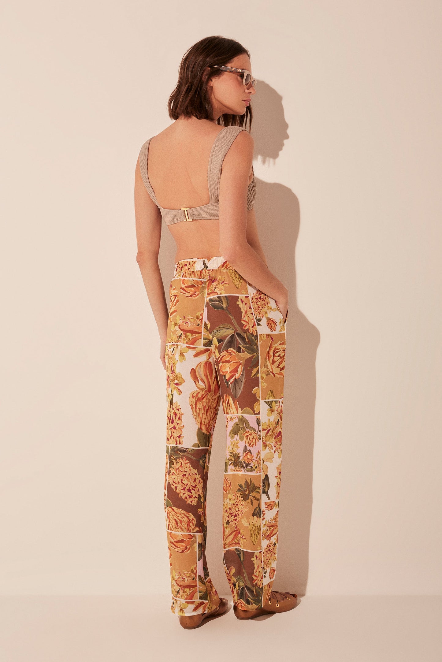 Agua De Coco Flowers Patchwork Elastic Waist Straight Leg Pants E5083A1921