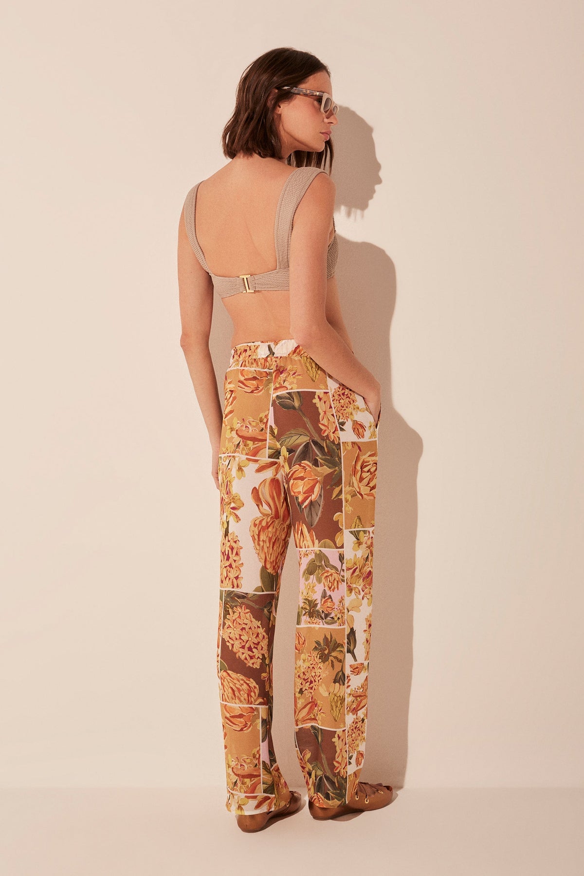 Agua De Coco Flowers Patchwork Elastic Waist Straight Leg Pants E5083A1921