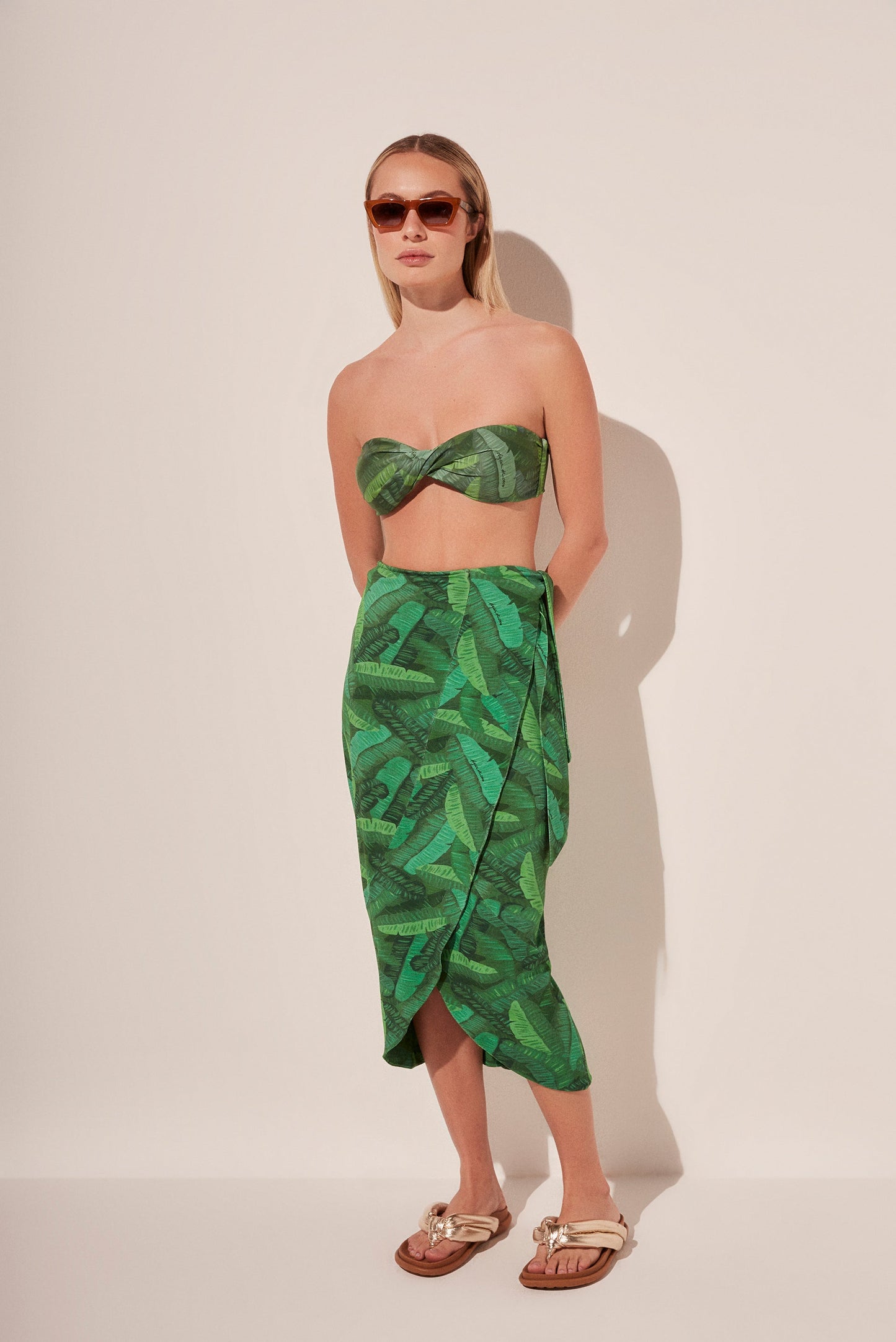 Agua De Coco Tropical Leaves Criss Crossed Midi Skirt E3849A1844