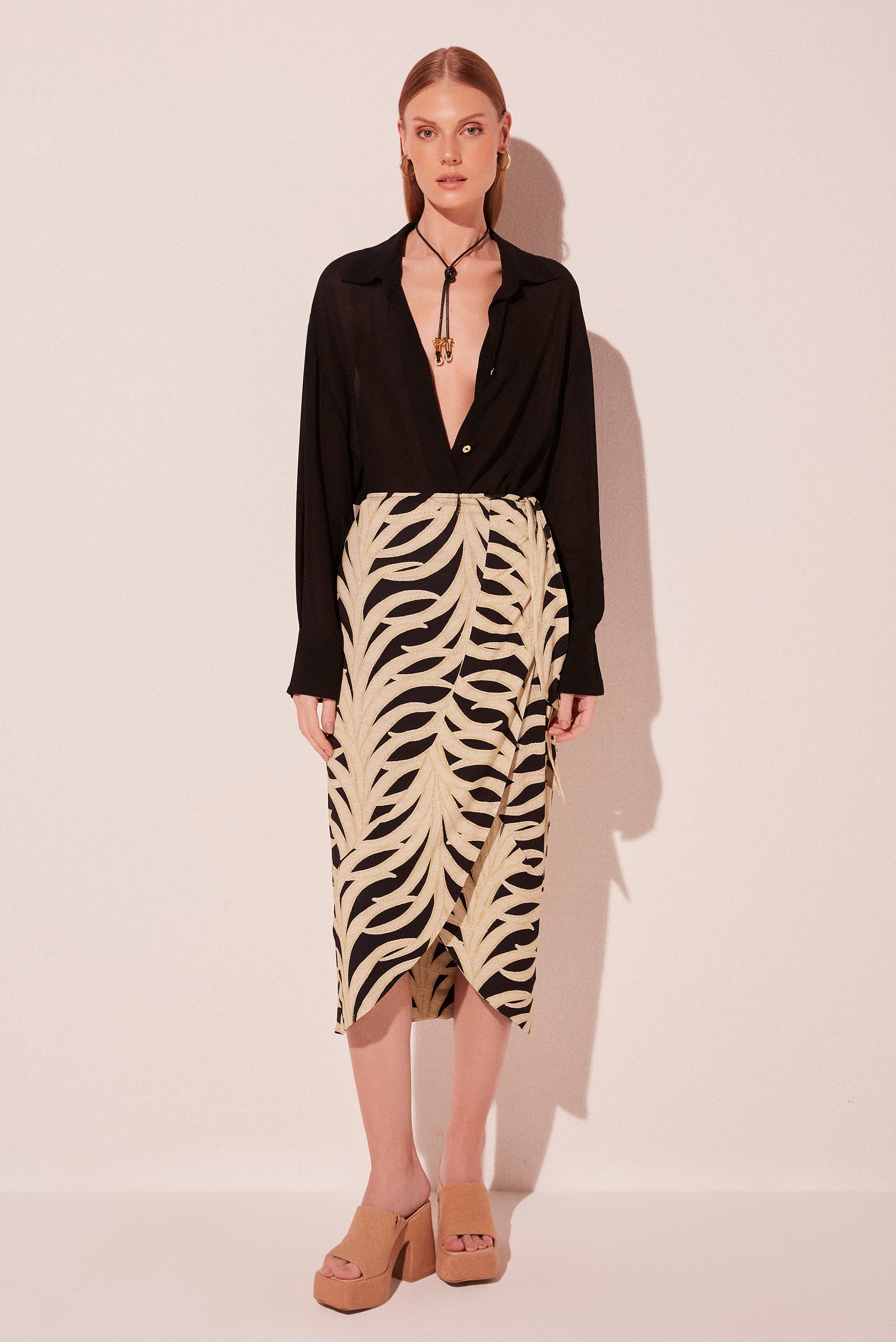 Agua De Coco Two Color Leaves Criss Crossed Midi Skirt E3849A2006