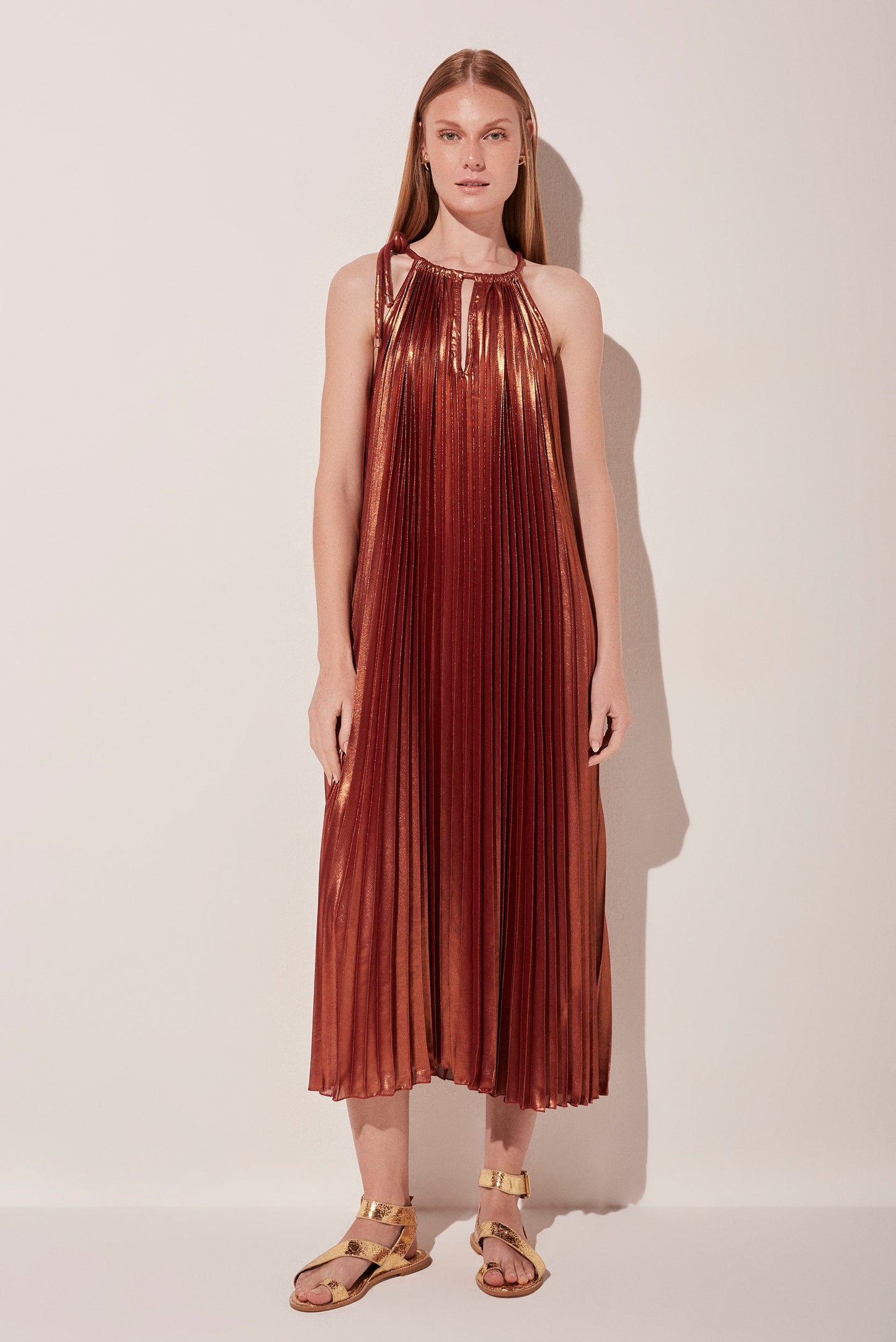 Agua De Coco Shiny Pleads Pleated Midi Dress E4094A1803