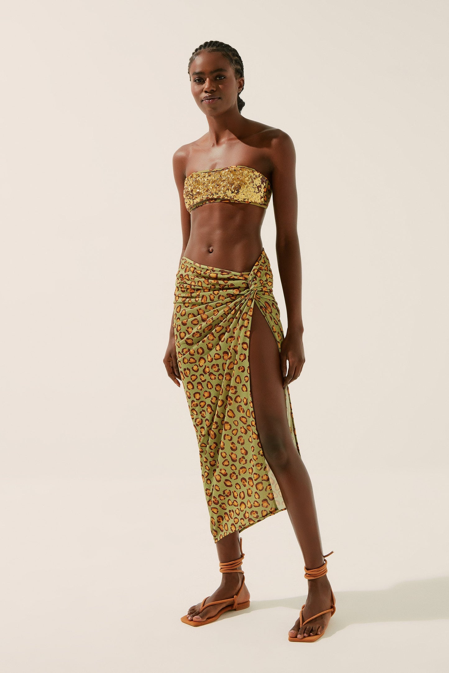 Agua De Coco Polka Dot Leopard Midi Skirt With A Knot E4184A1343