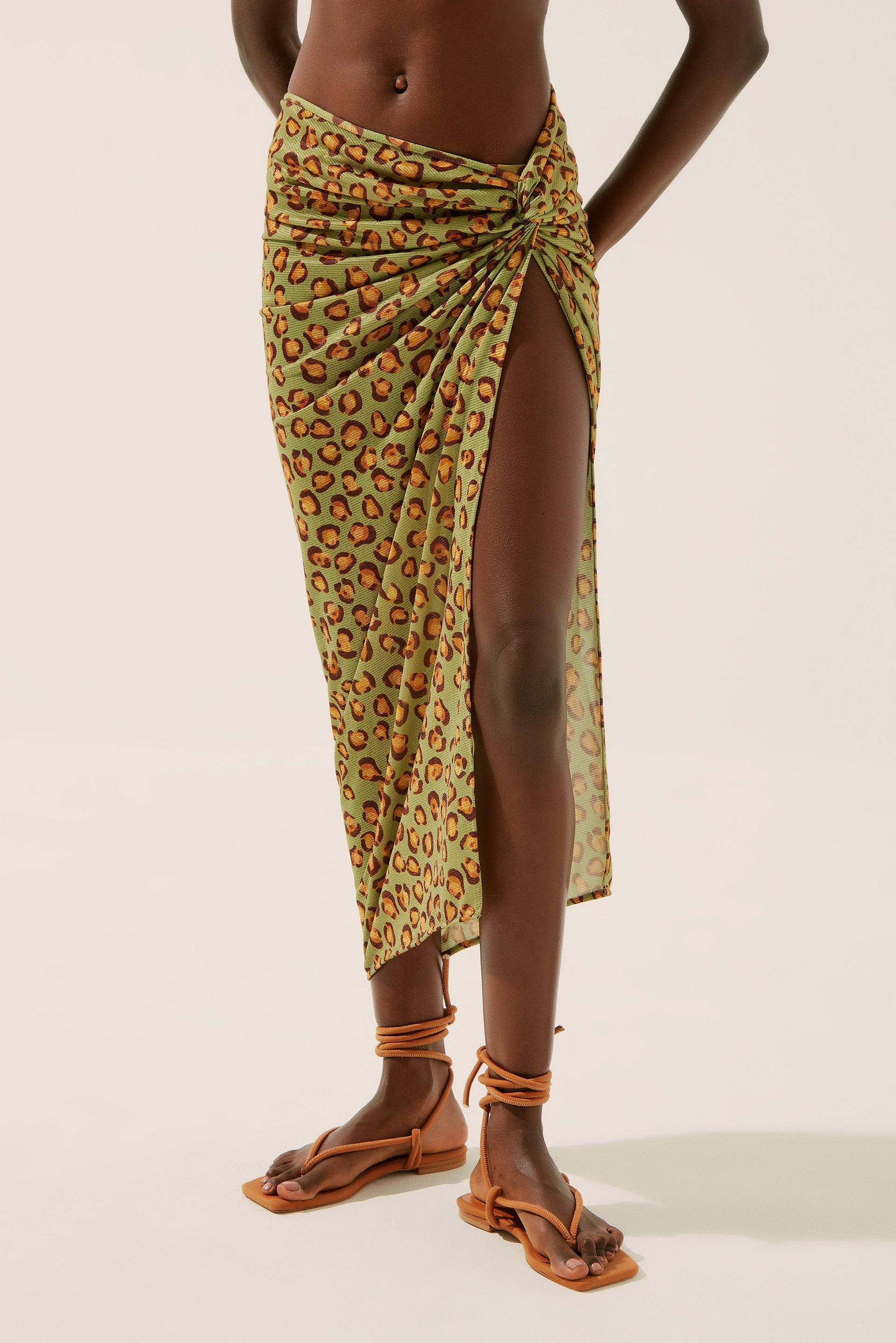 Agua De Coco Polka Dot Leopard Midi Skirt With A Knot E4184A1343