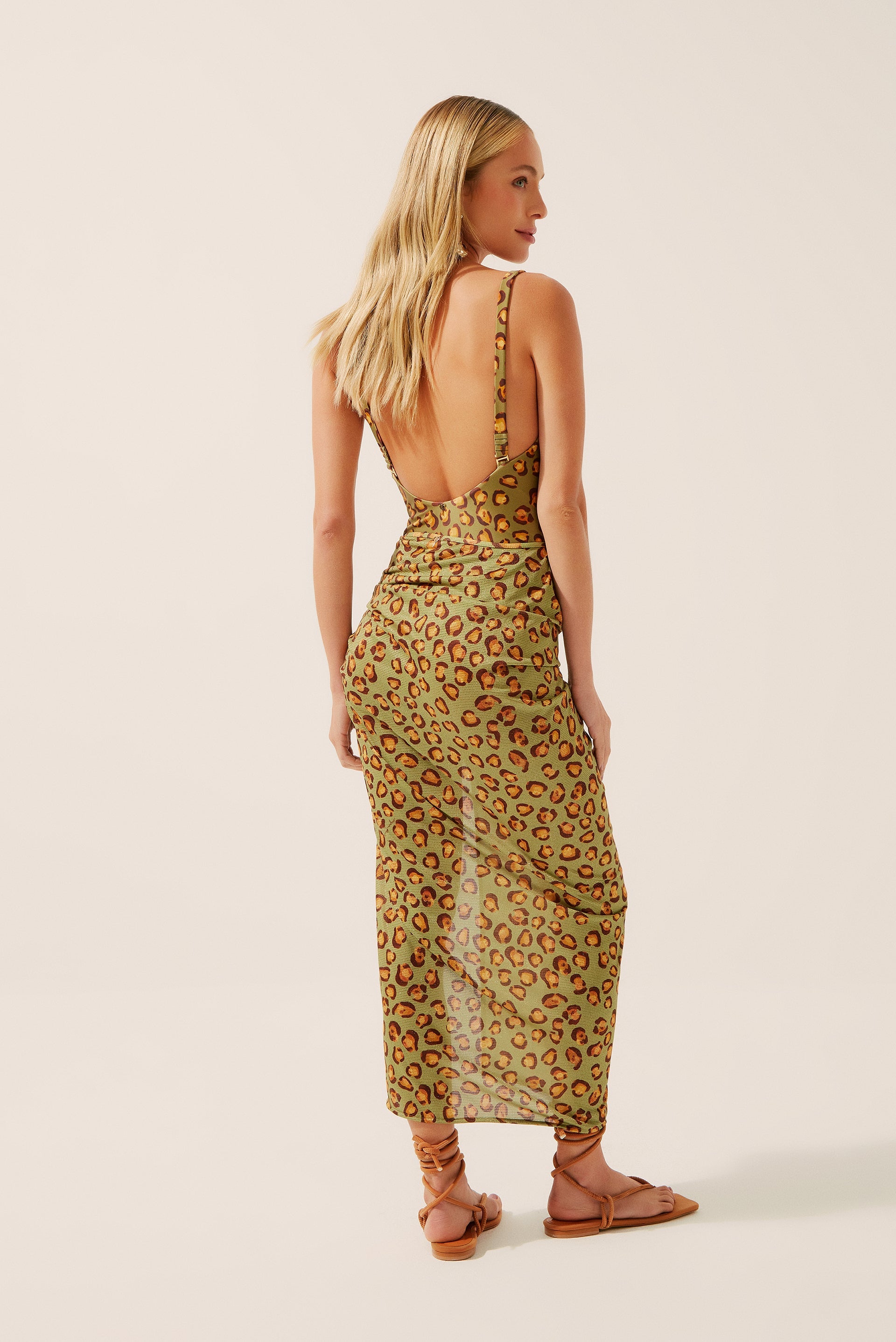 Agua De Coco Polka Dot Leopard Midi Skirt With A Knot E4184A1343