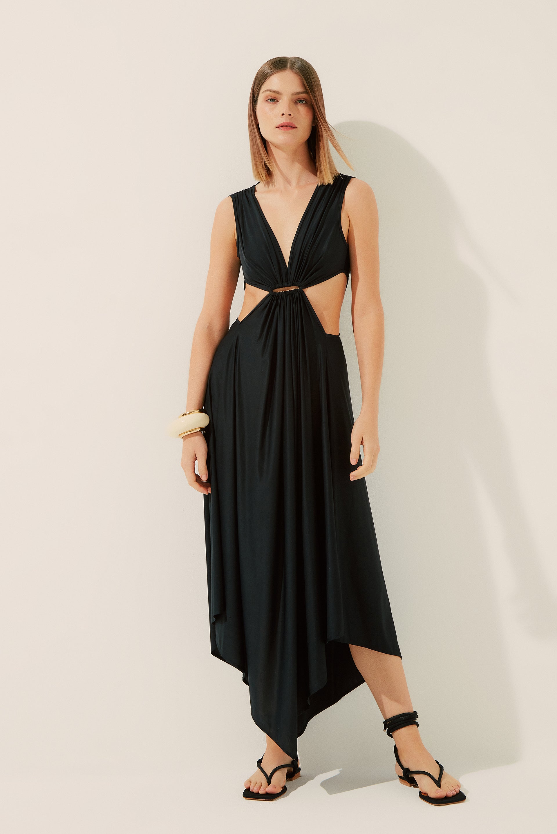 Agua De Coco Fleur De Lis V Neckline Long Dress With Hoop E4215A1347