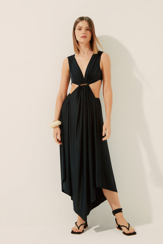 Agua De Coco Fleur De Lis V Neckline Long Dress With Hoop E4215A1347