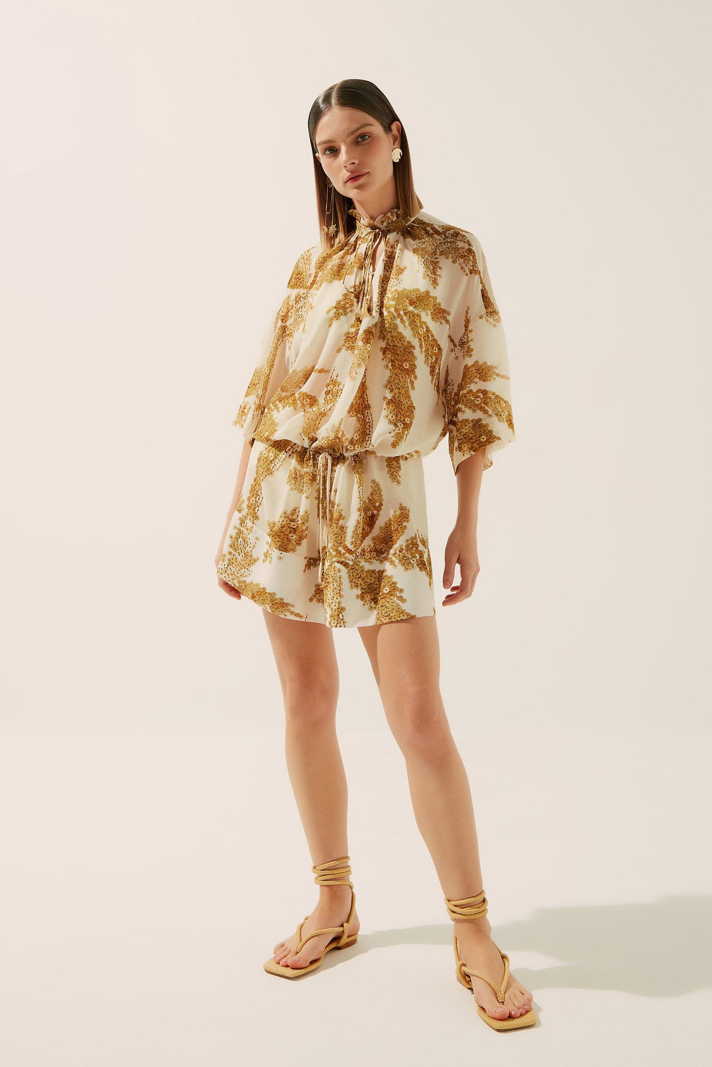Agua De Coco Sequins Palm Short Sleeves Short Dress E4253A1397