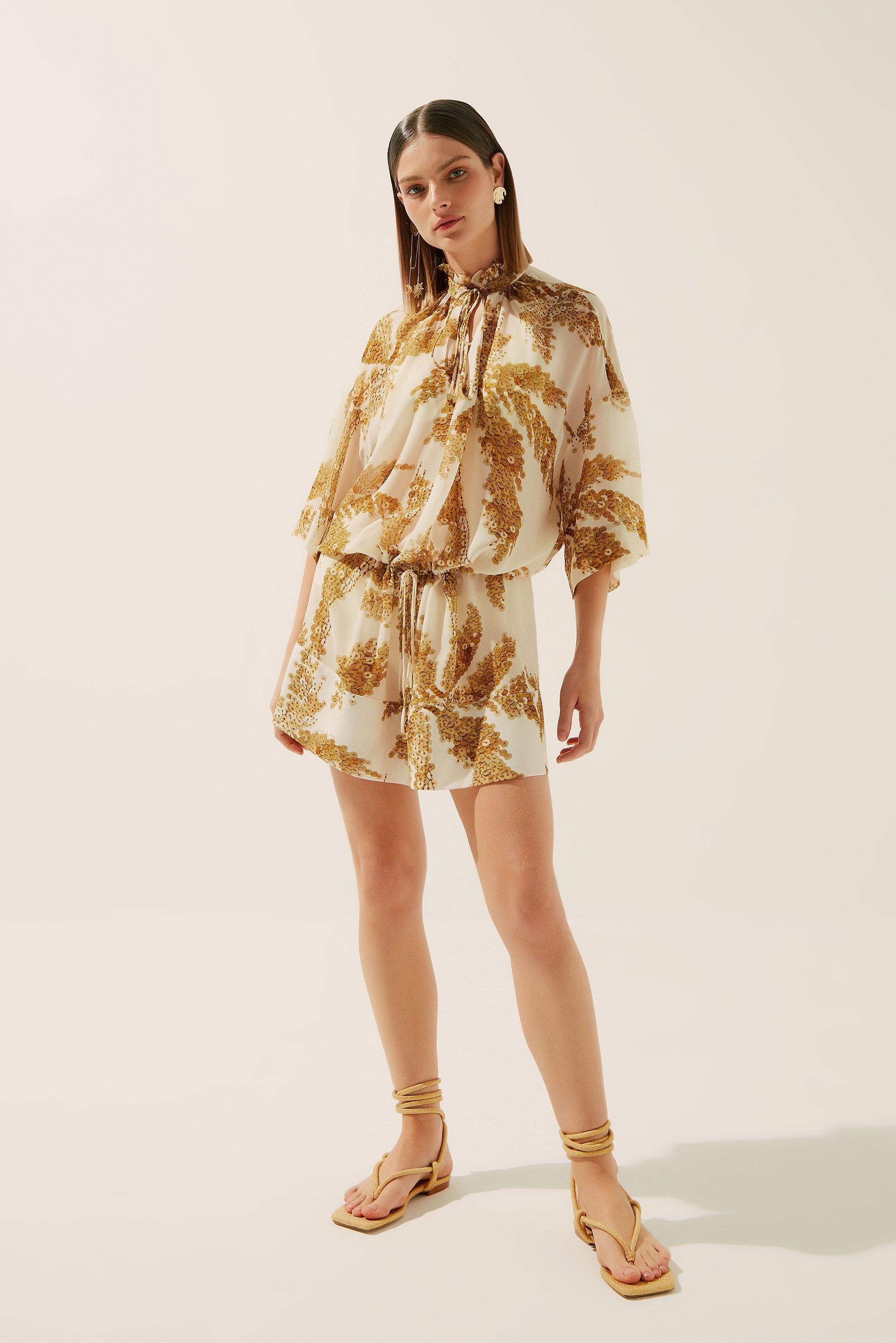 Agua De Coco Sequins Palm Short Sleeves Short Dress E4253A1397