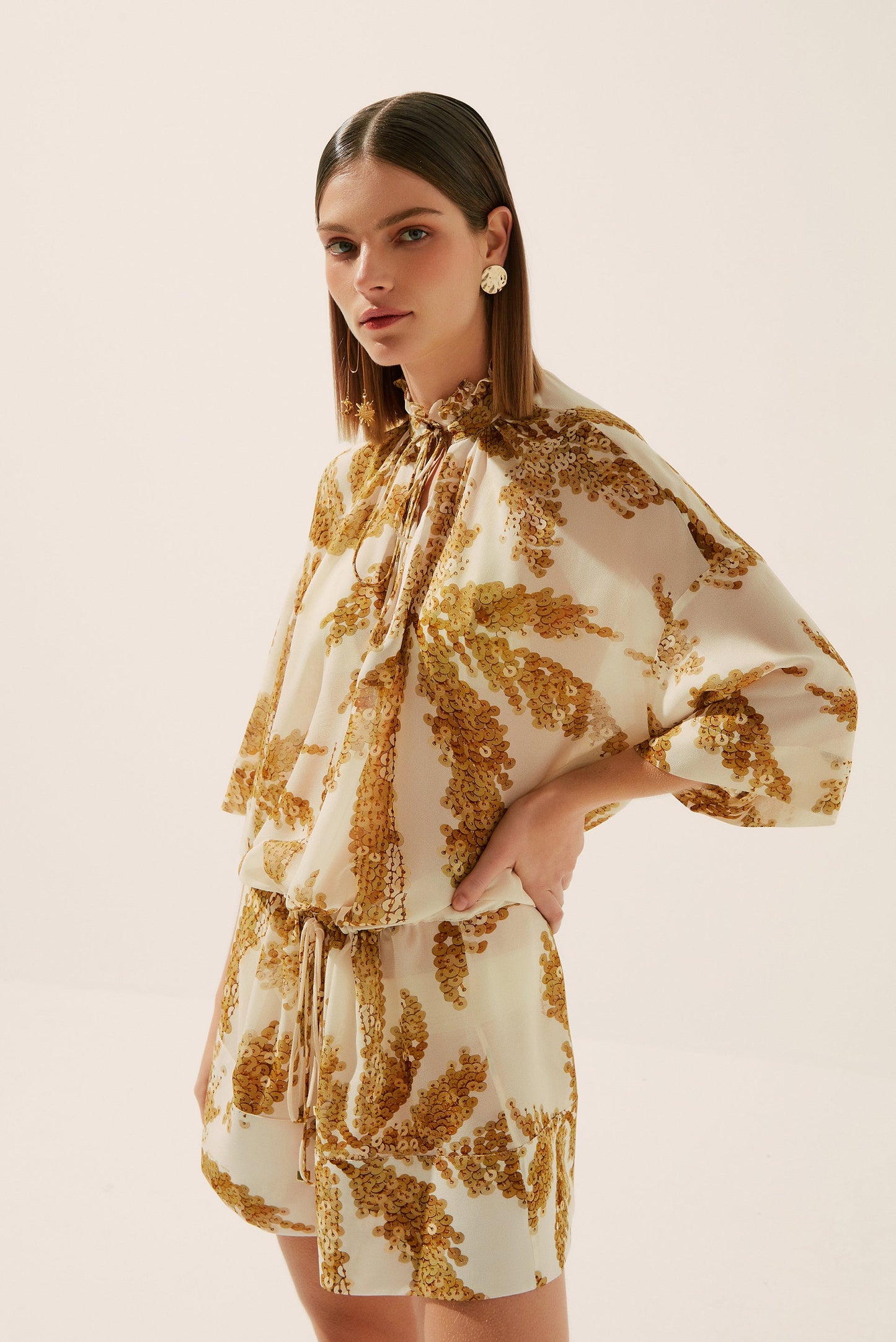 Agua De Coco Sequins Palm Short Sleeves Short Dress E4253A1397