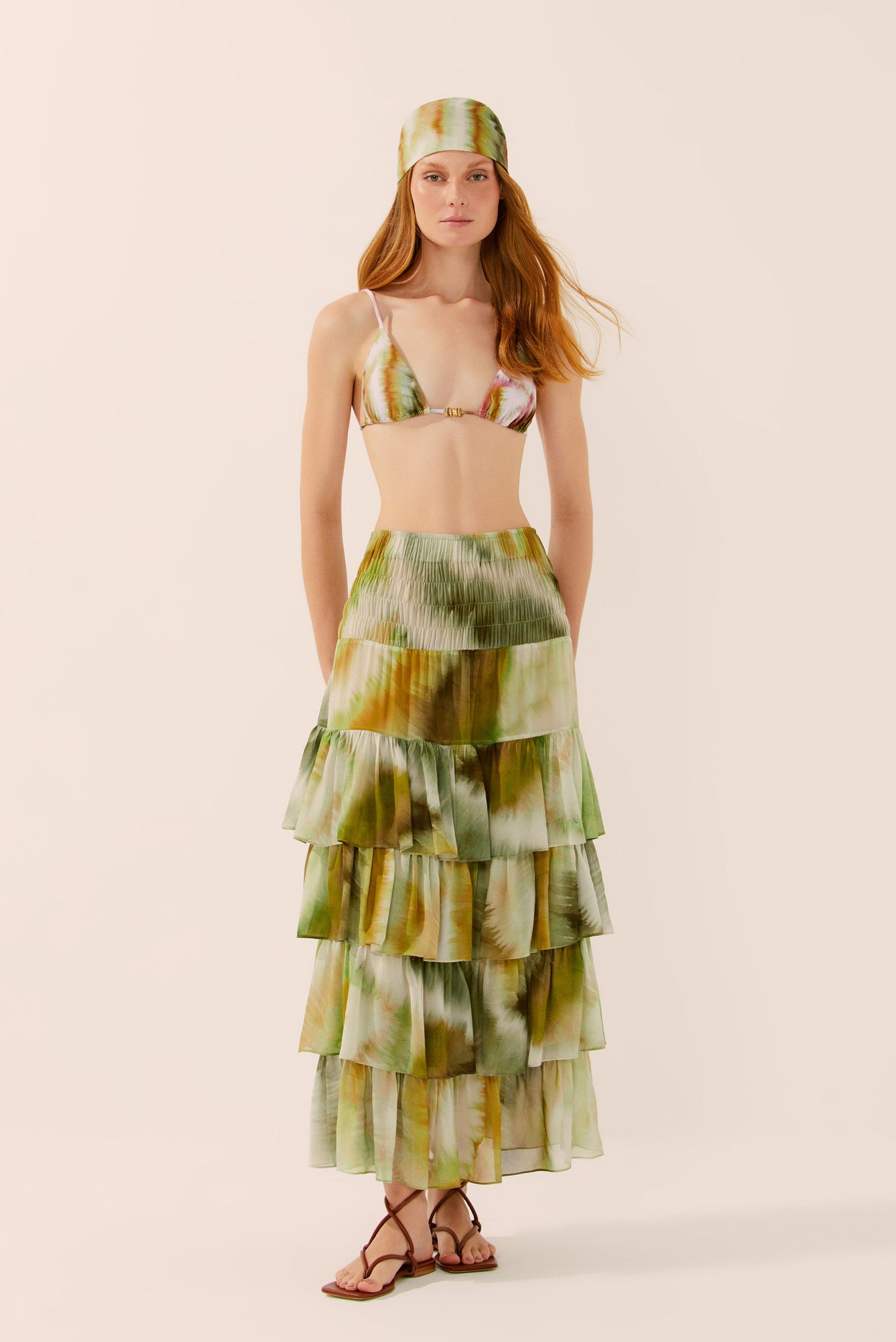 Agua De Coco Botanic Tie-Dye Midi Skirt With Ruffles E4279A1438