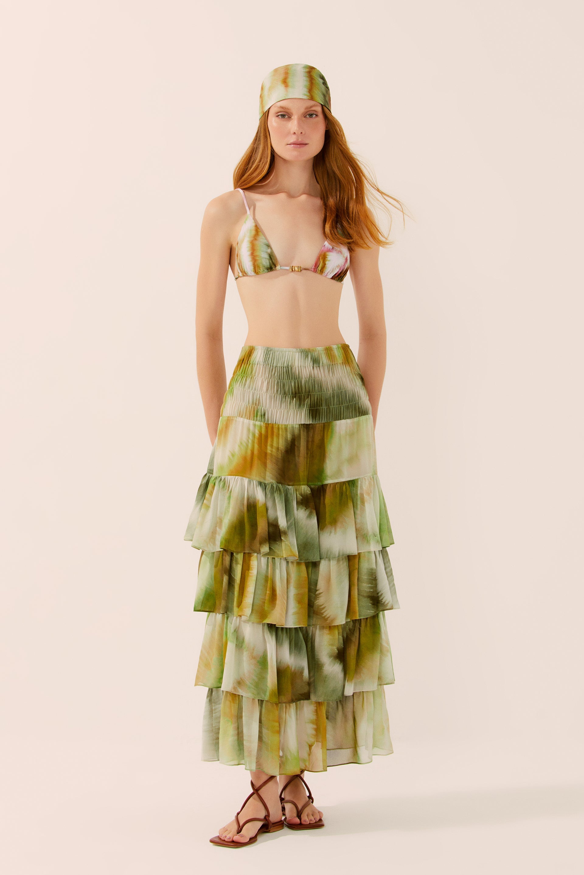 Agua De Coco Botanic Tie-Dye Midi Skirt With Ruffles E4279A1438
