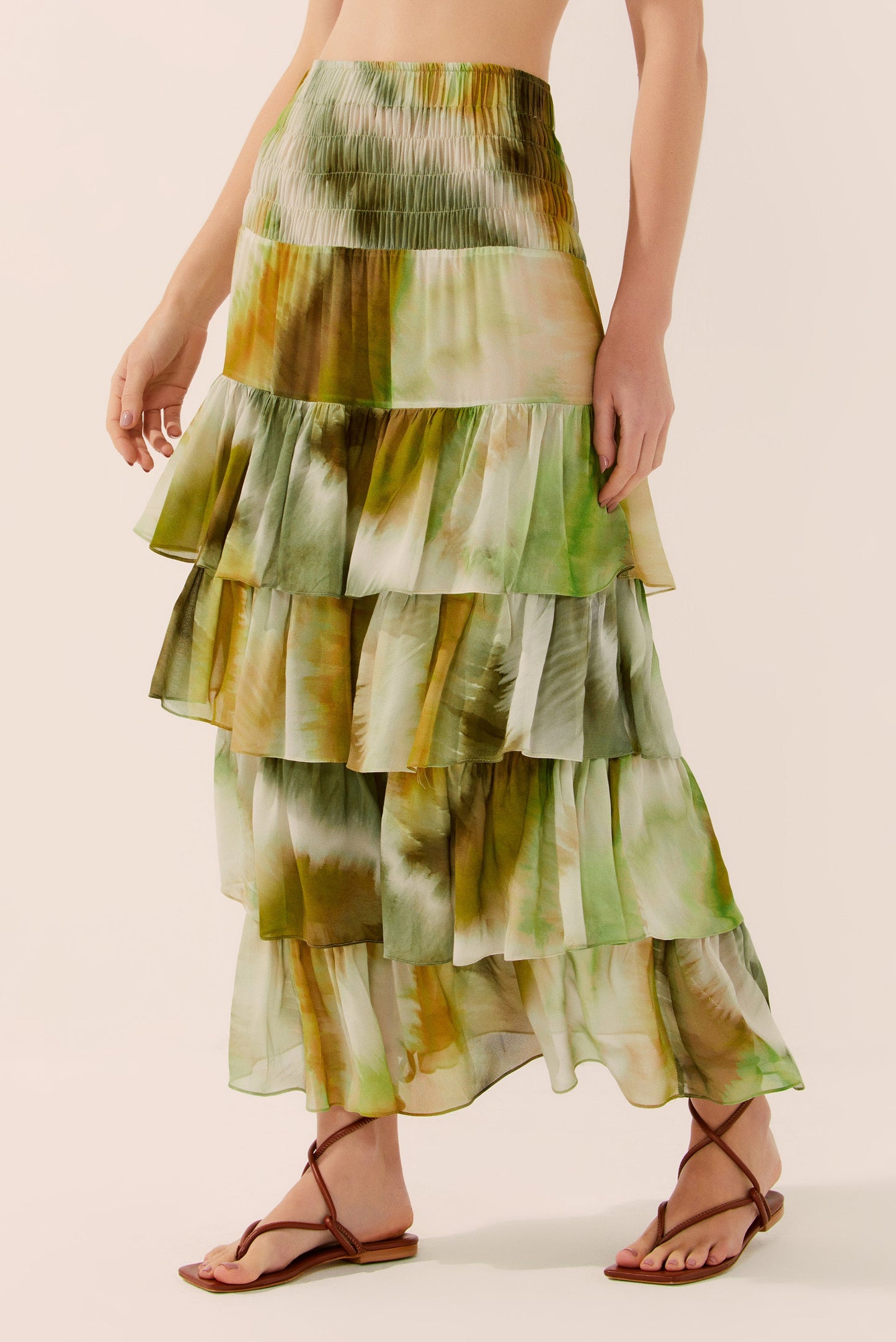 Agua De Coco Botanic Tie-Dye Midi Skirt With Ruffles E4279A1438