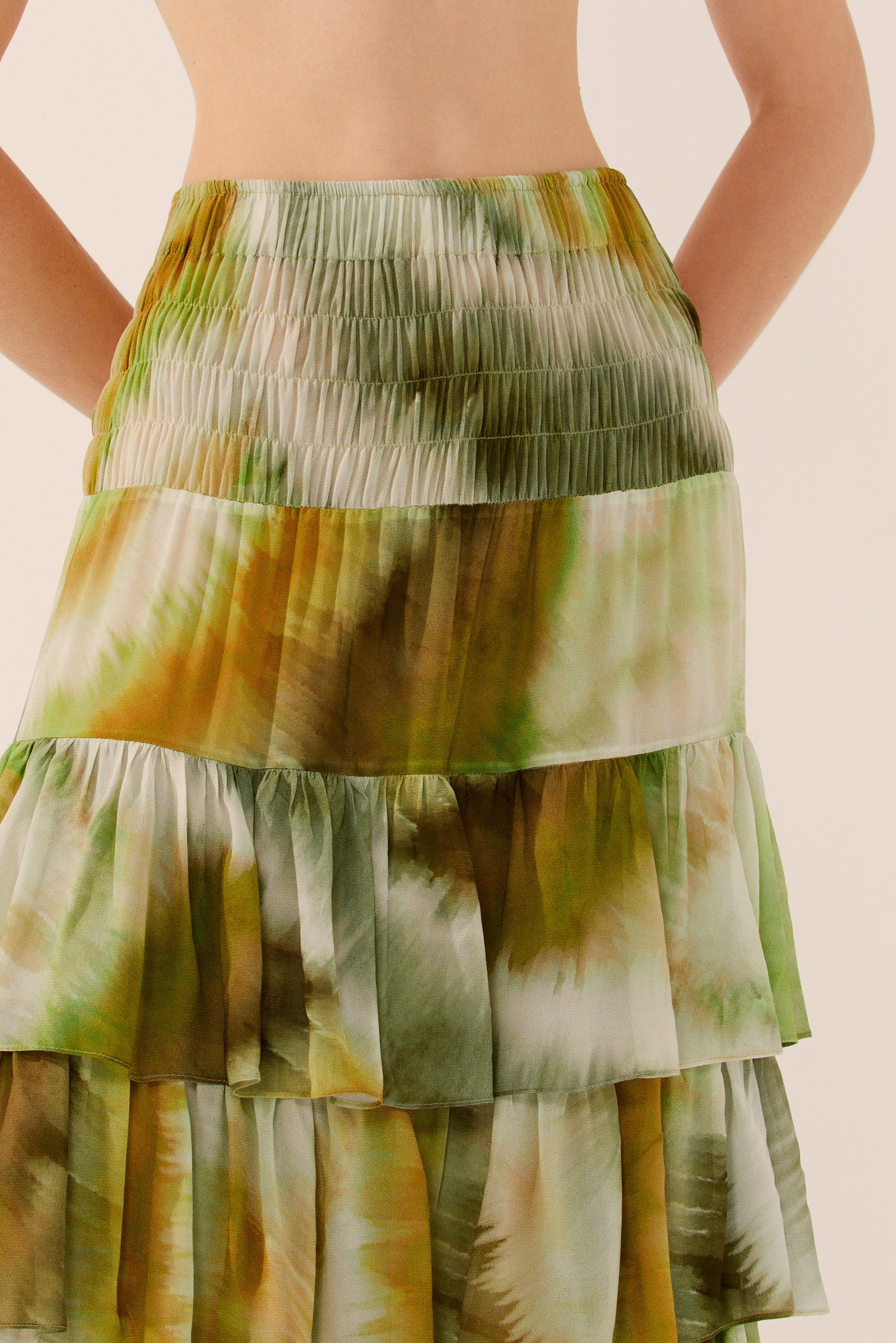 Agua De Coco Botanic Tie-Dye Midi Skirt With Ruffles E4279A1438