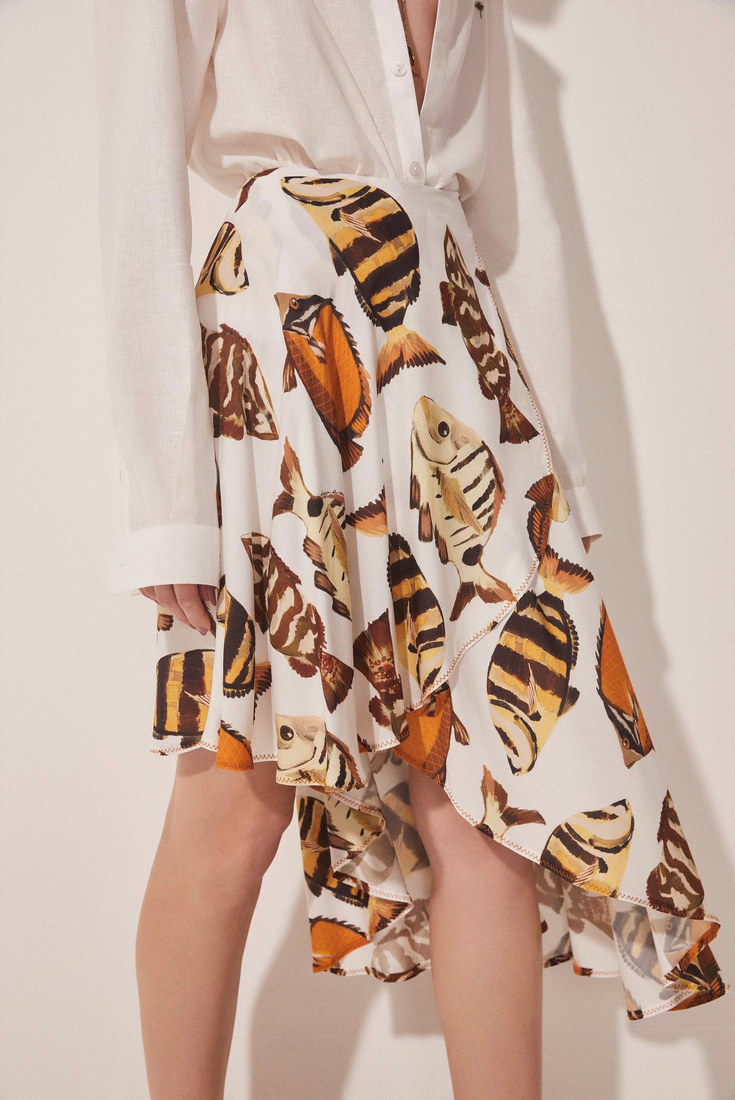 Agua De Coco Fish Asymmetric Midi Skirt E4325A1663