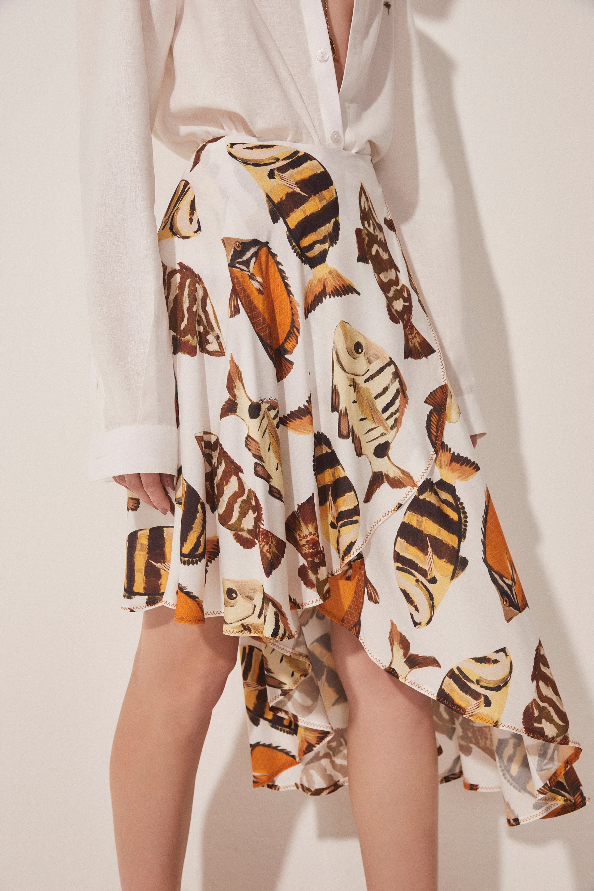Agua De Coco Fish Asymmetric Midi Skirt E4325A1663