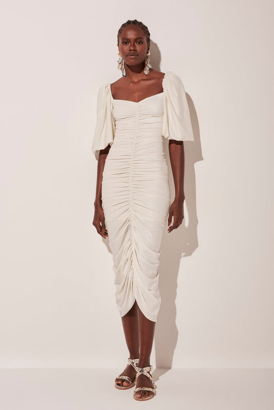 Agua De Coco Pearls Ruched Midi Dress With Sleeves E4461A1766