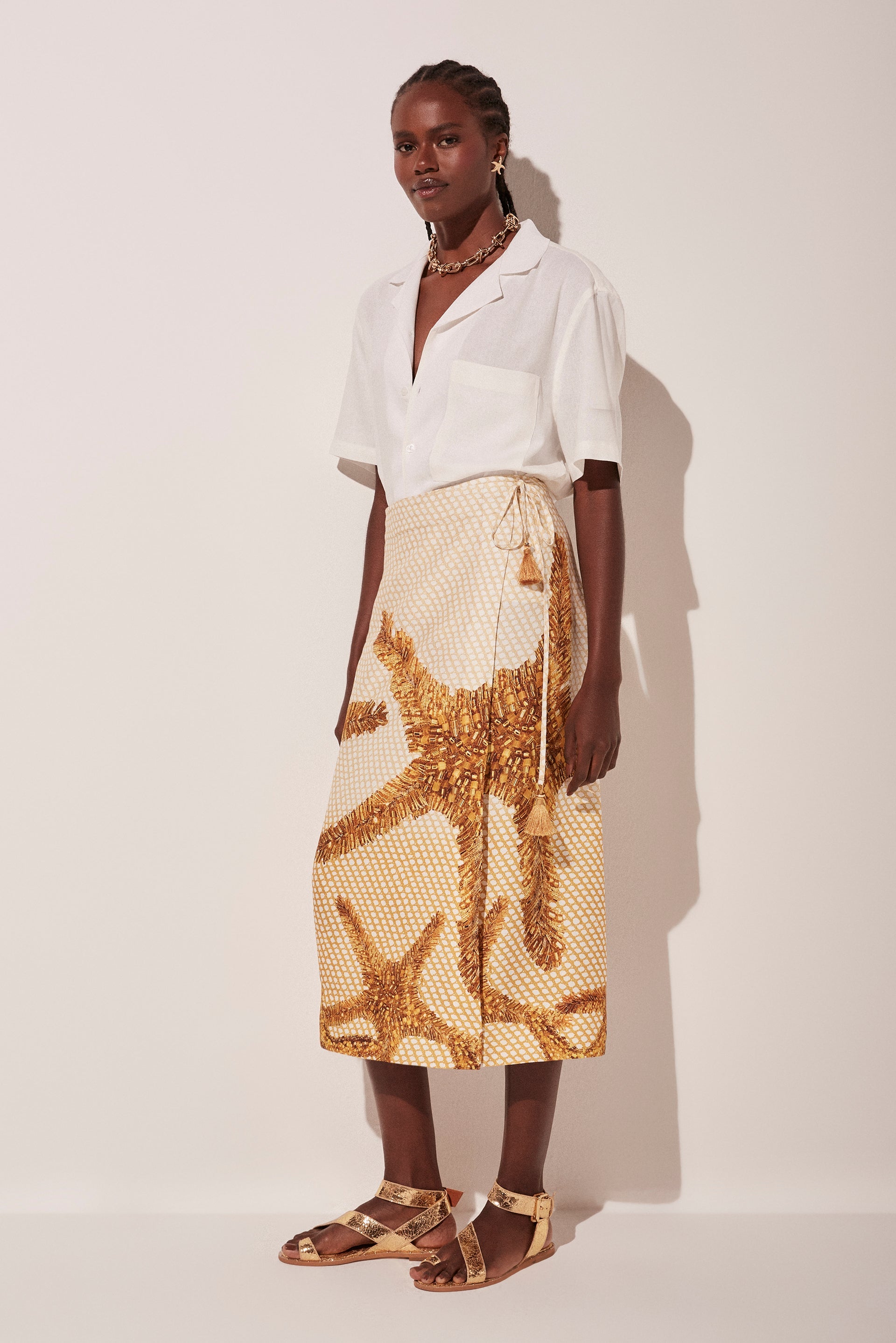 Agua De Coco Localized Sequin Criss Crossed Midi Skirt Stars E4478A1855