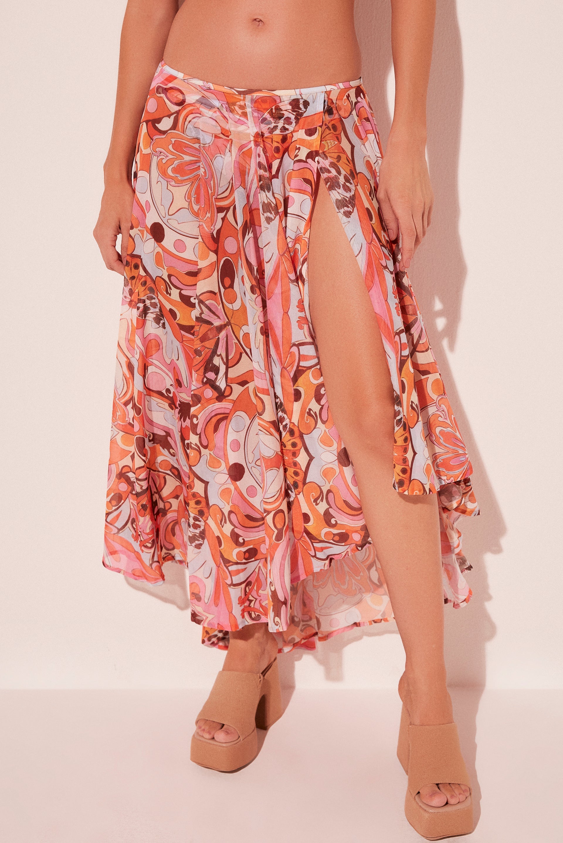 Agua De Coco Abstract Butterflies Asymmetric Mullet Midi Skirt E4500A2076