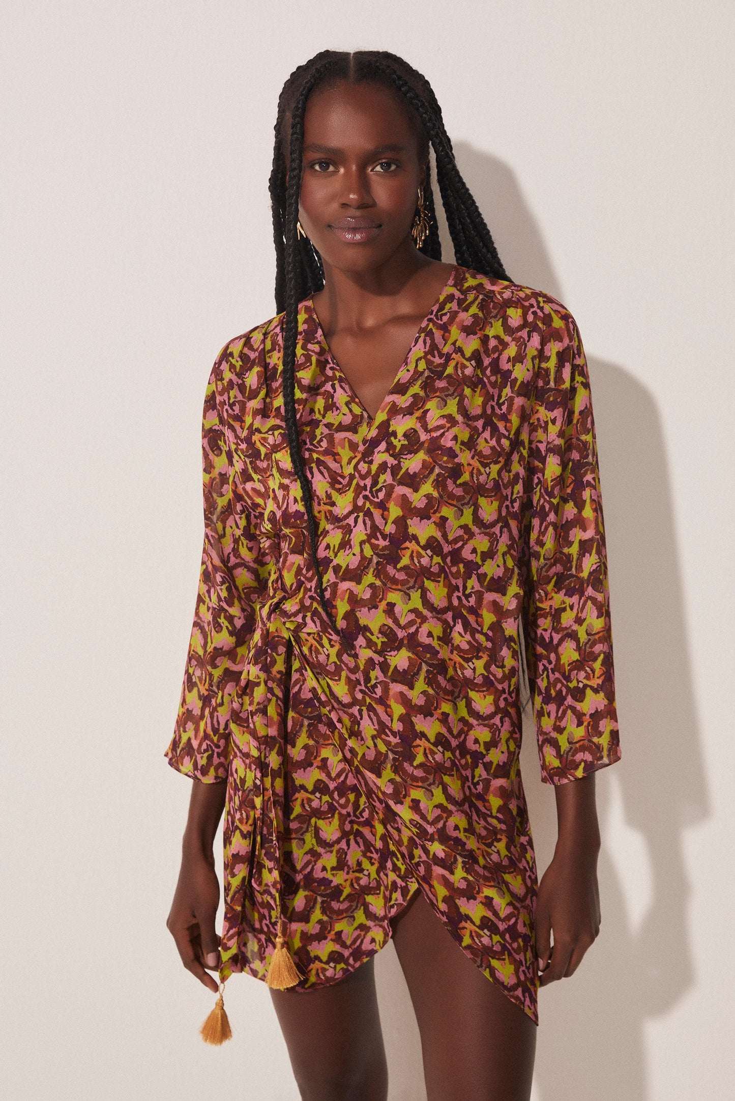 Agua De Coco Pineapple Peel Short Shirt Dress With Ties E4610A1708