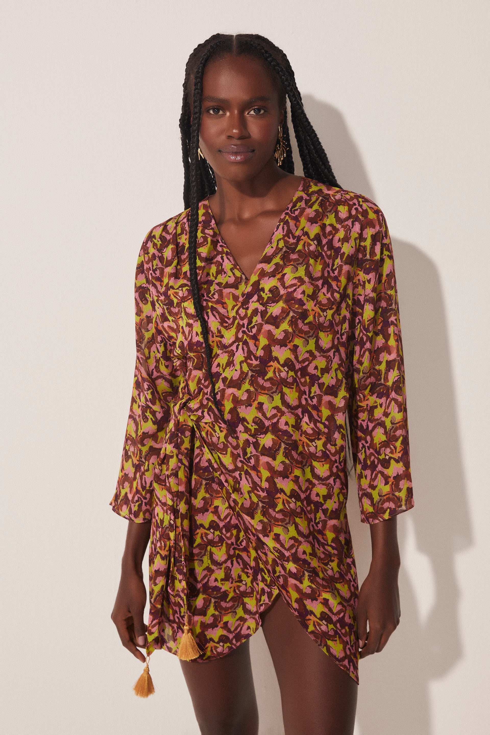 Agua De Coco Pineapple Peel Short Shirt Dress With Ties E4610A1708
