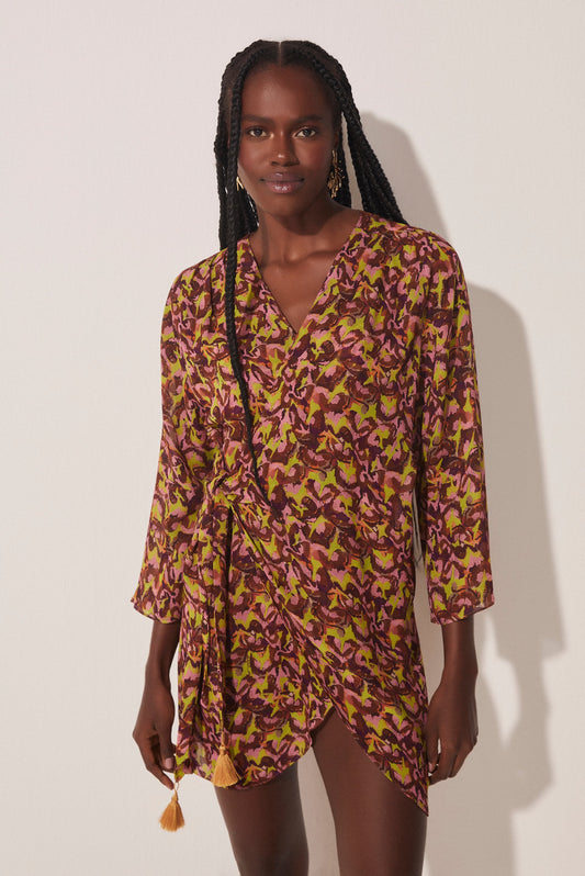 Agua De Coco Pineapple Peel Short Shirt Dress With Ties E4610A1708