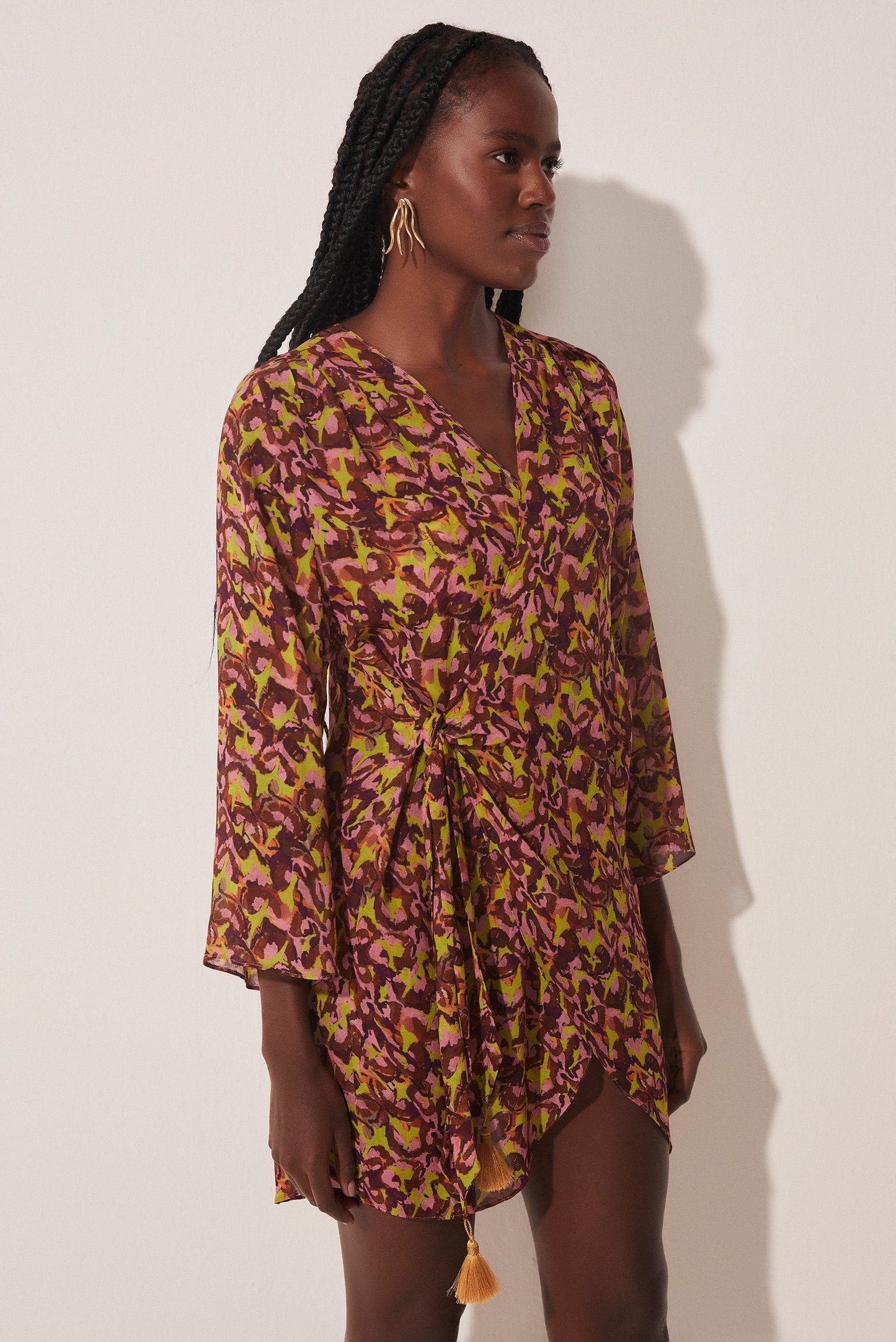 Agua De Coco Pineapple Peel Short Shirt Dress With Ties E4610A1708