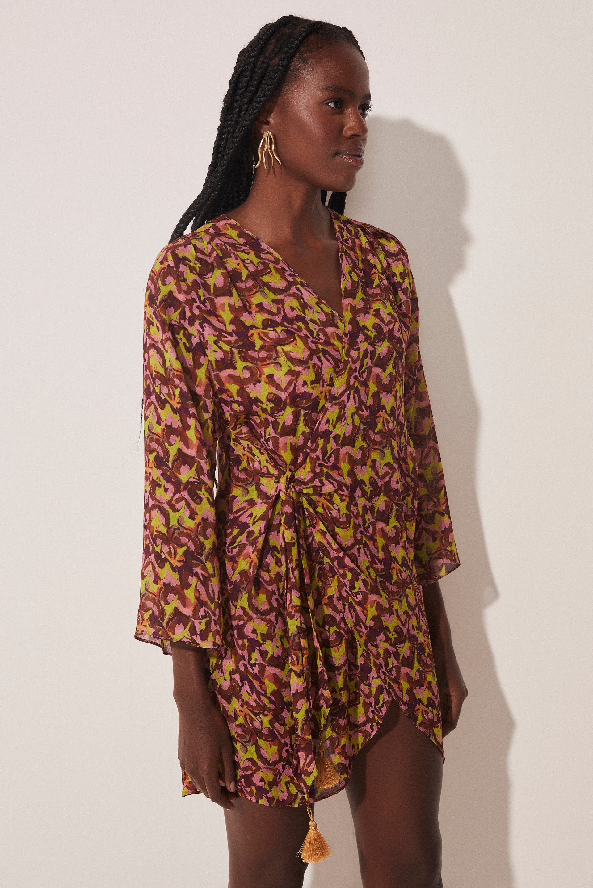 Agua De Coco Pineapple Peel Short Shirt Dress With Ties E4610A1708