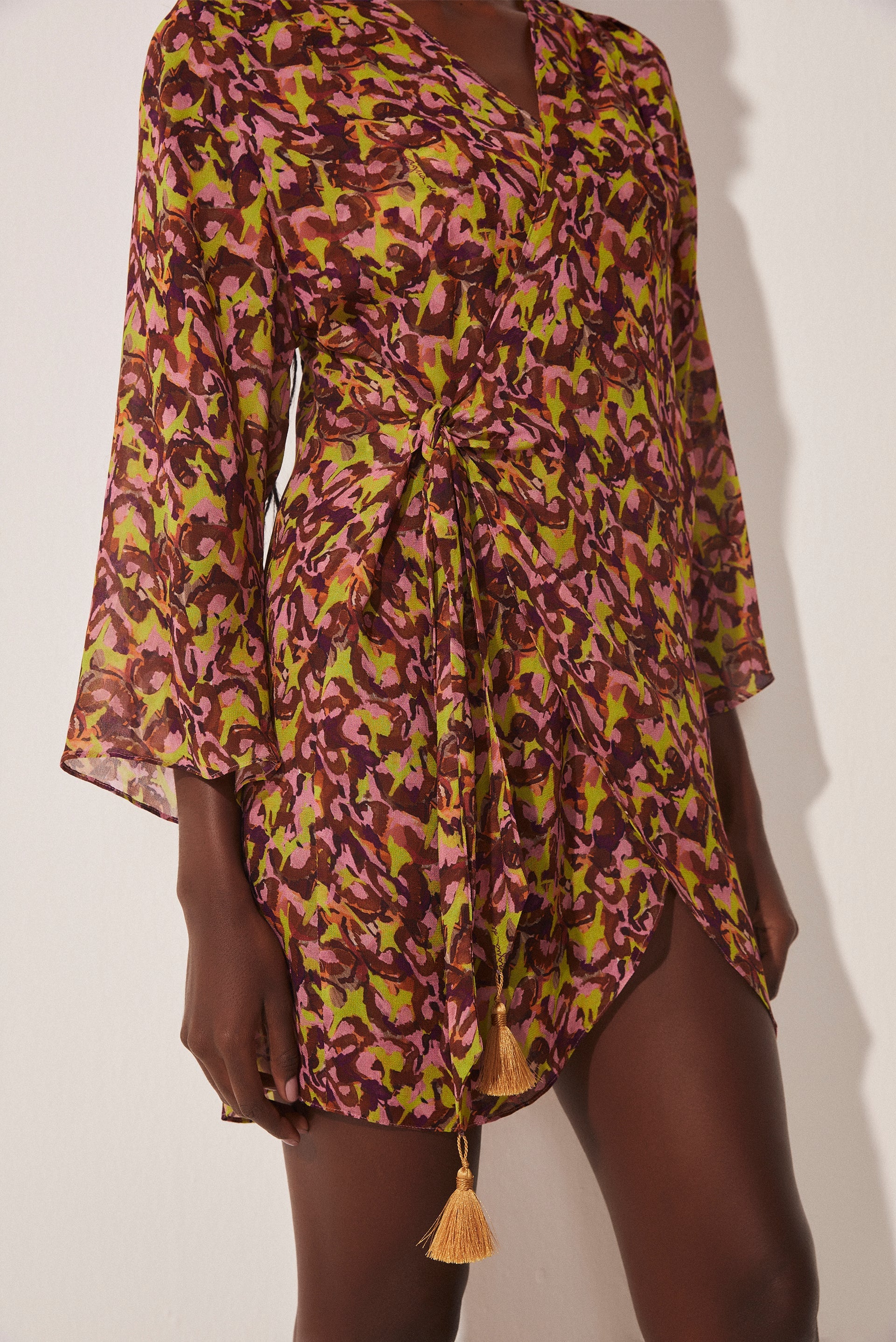 Agua De Coco Pineapple Peel Short Shirt Dress With Ties E4610A1708