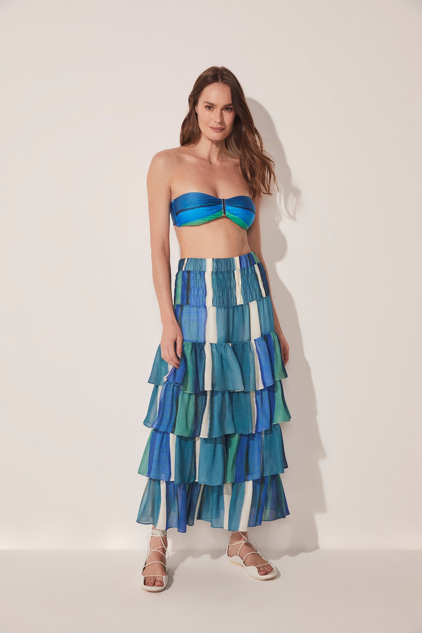 Agua De Coco Striped Water Mirror Ruffled Midi Skirt E4617A1643