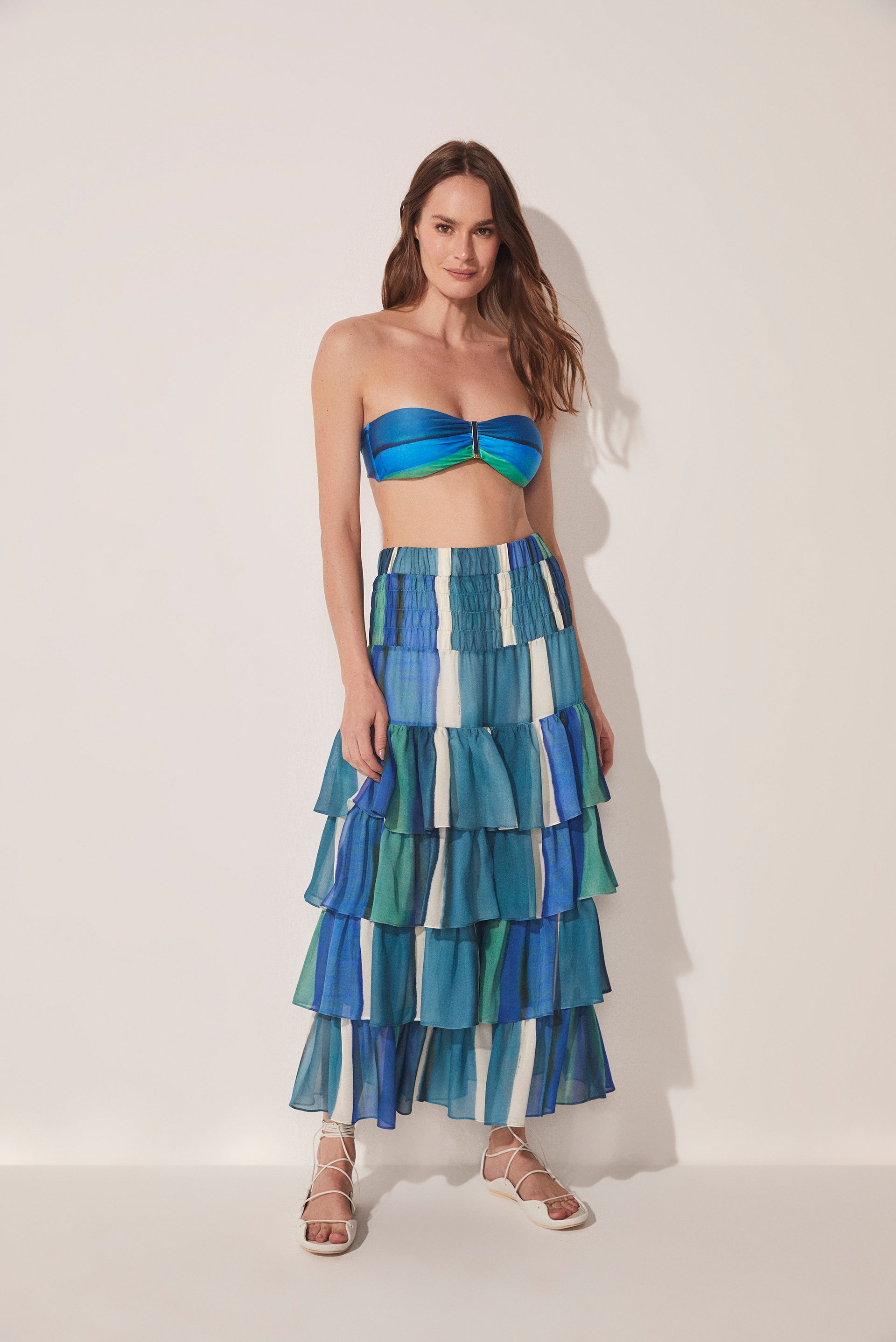 Agua De Coco Striped Water Mirror Ruffled Midi Skirt E4617A1643