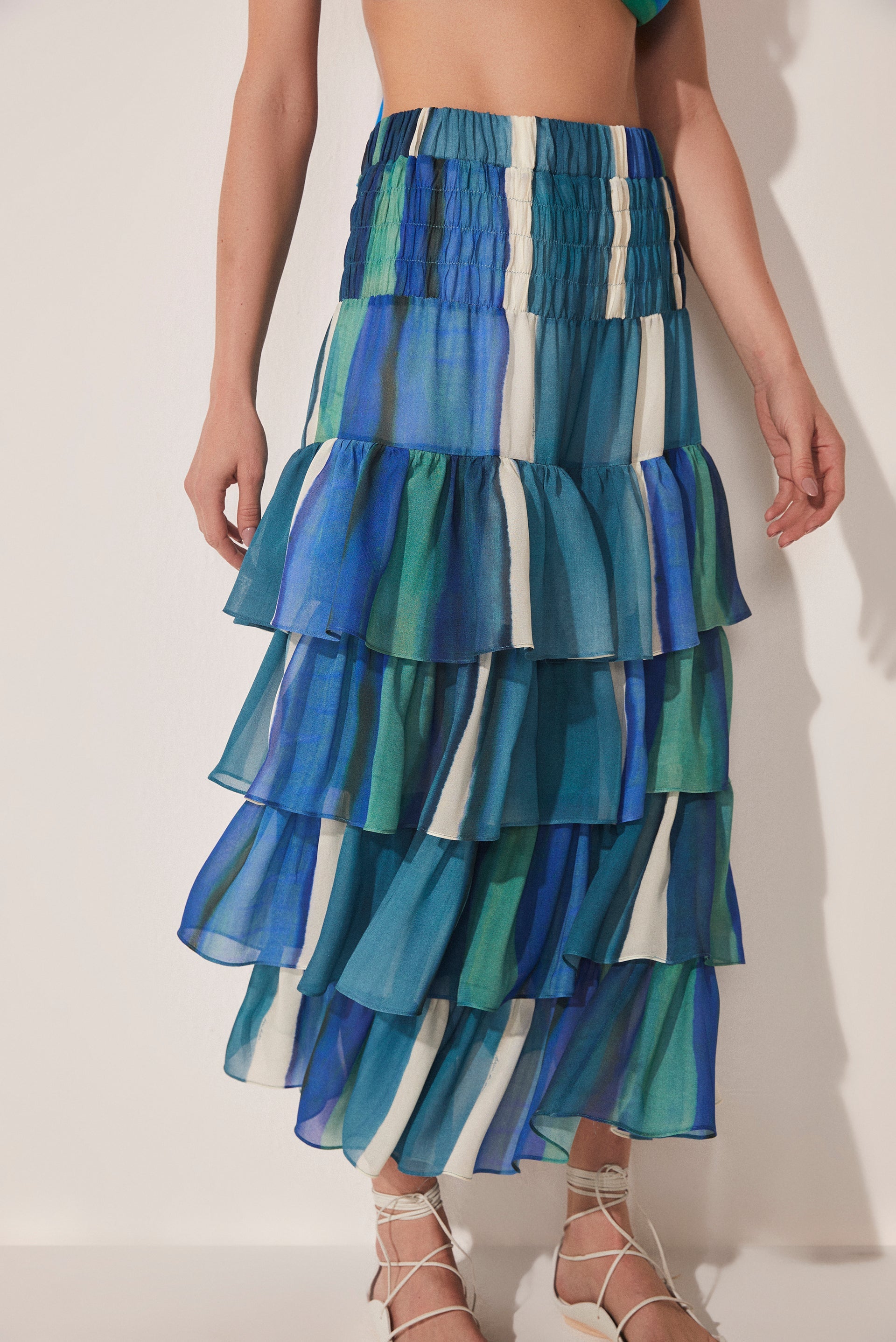 Agua De Coco Striped Water Mirror Ruffled Midi Skirt E4617A1643