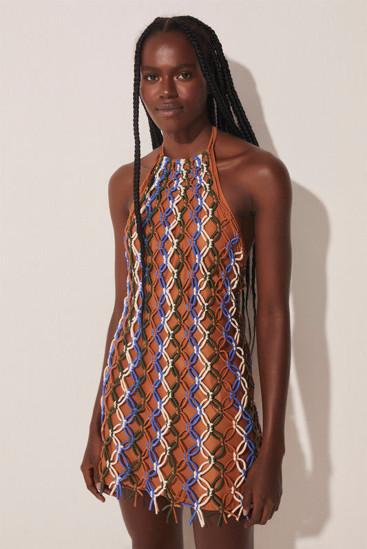 Agua De Coco Tropical Mix Halter Top Short Dress With Macramé E4623A1651