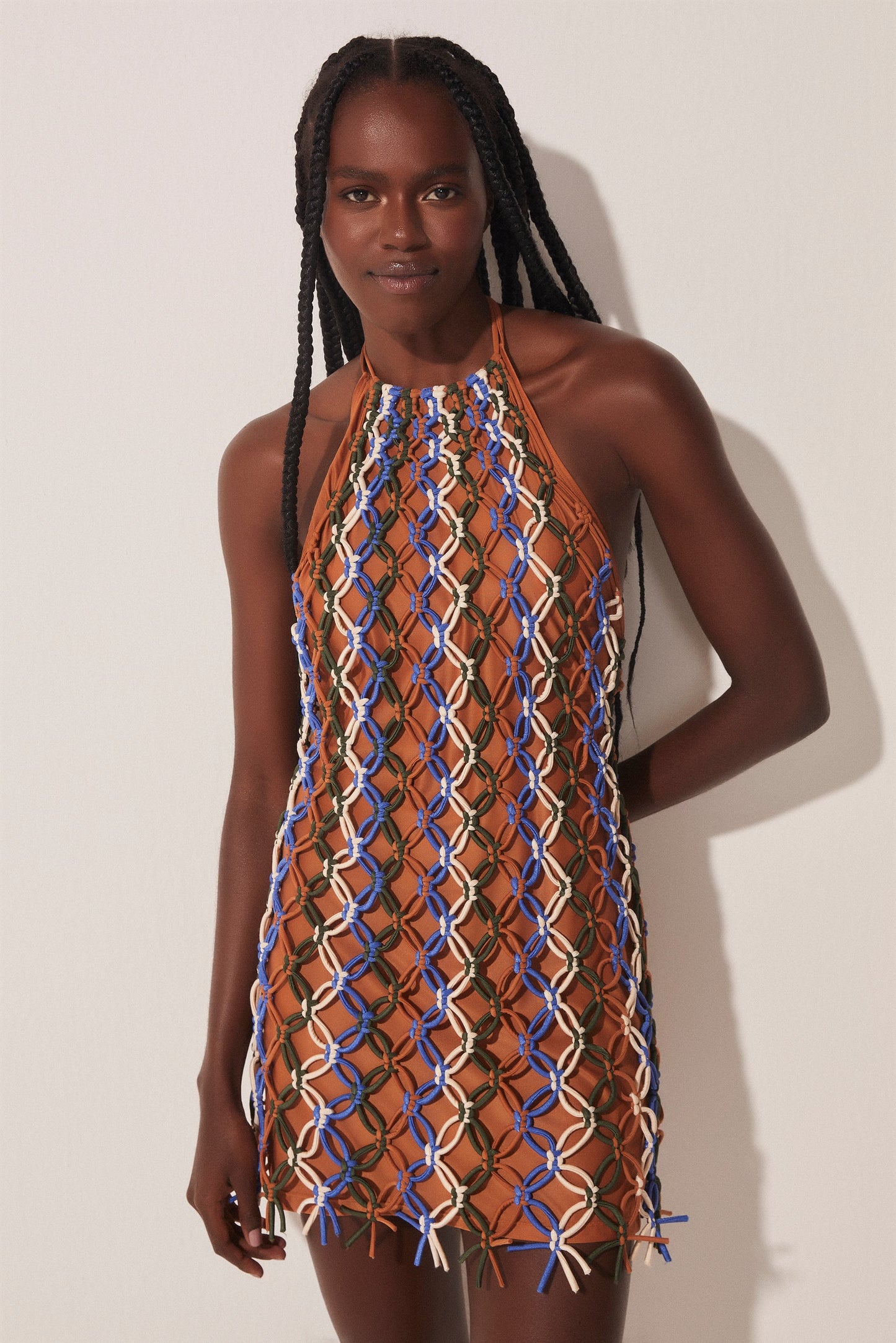 Agua De Coco Tropical Mix Halter Top Short Dress With Macramé E4623A1651