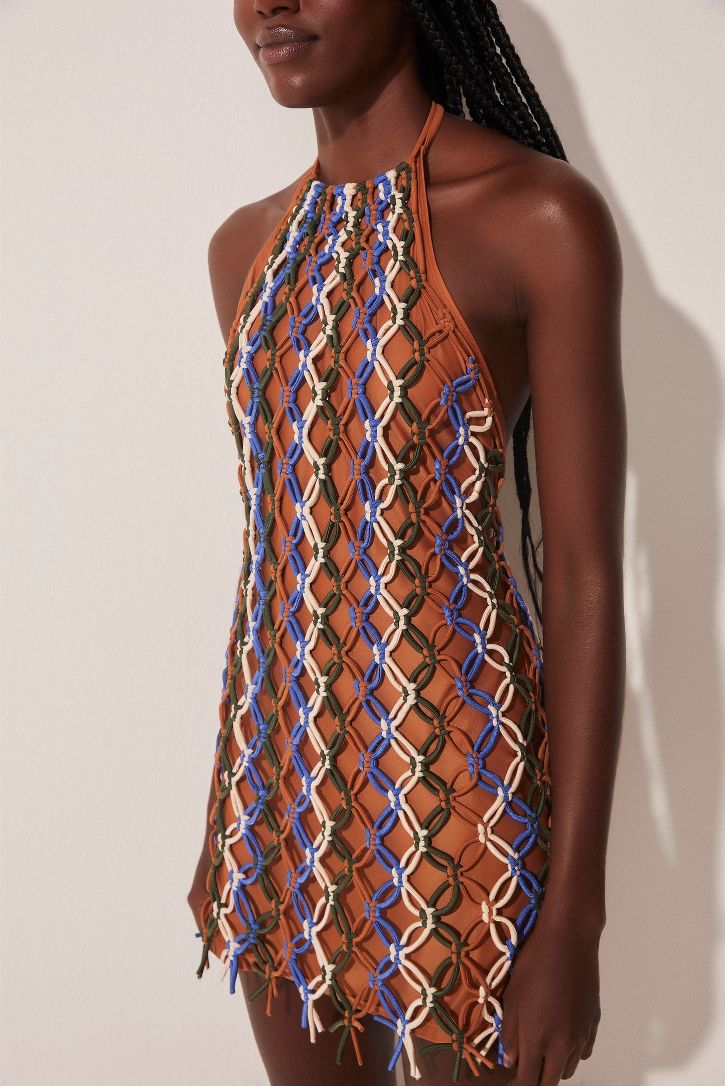 Agua De Coco Tropical Mix Halter Top Short Dress With Macramé E4623A1651