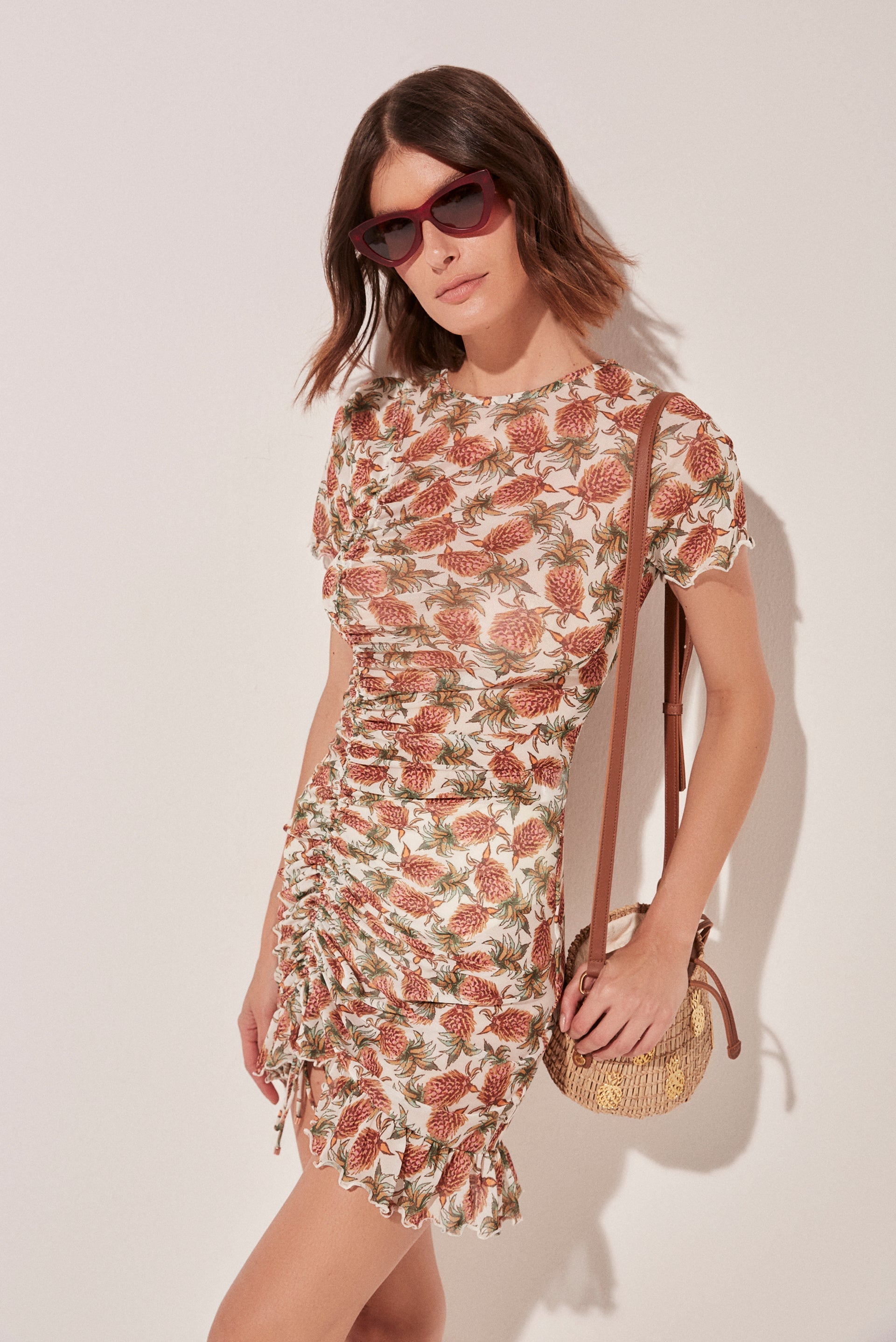 Agua De Coco Pineapple Ruched Short Dress With Ties E4653A1584