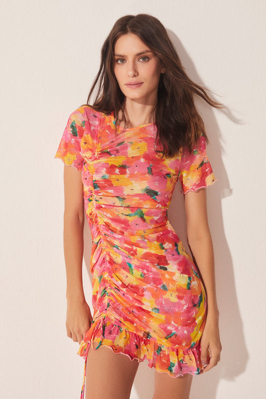 Agua De Coco Brushed Floral Ruched Short Dress With Ties E4653A1670