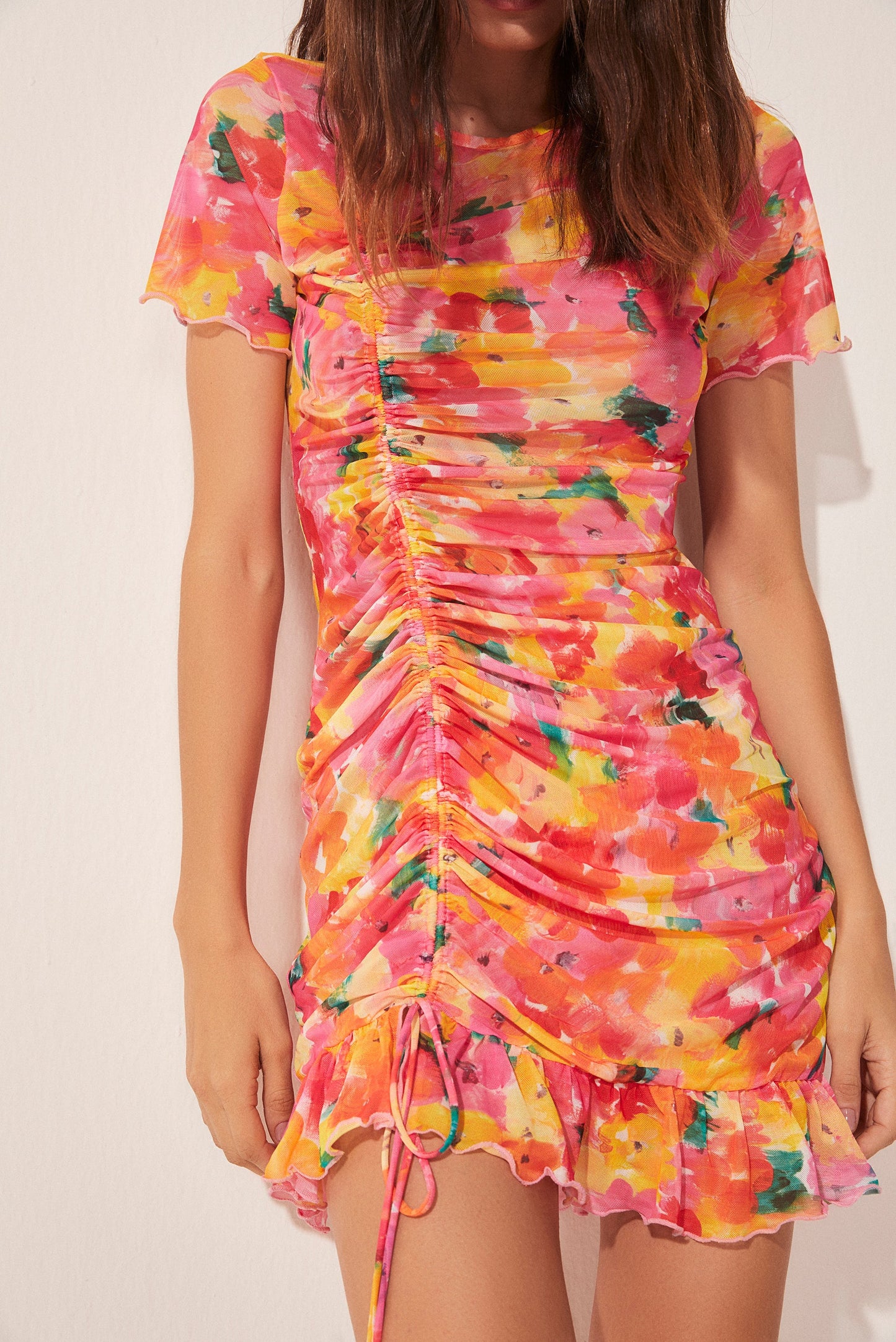Agua De Coco Brushed Floral Ruched Short Dress With Ties E4653A1670