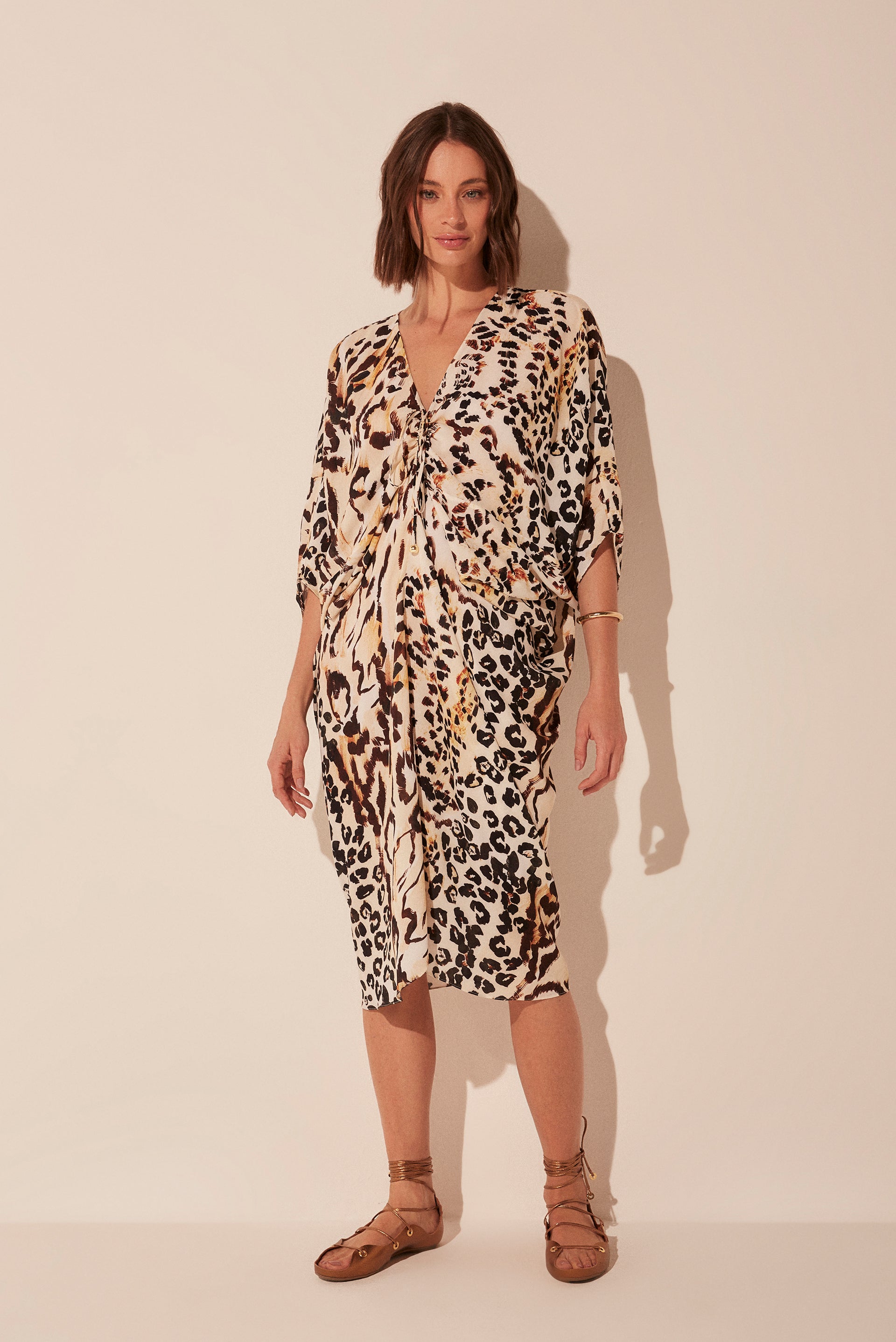 Agua De Coco Jaguar Patchwork Ruched Midi Dress E4731A1884