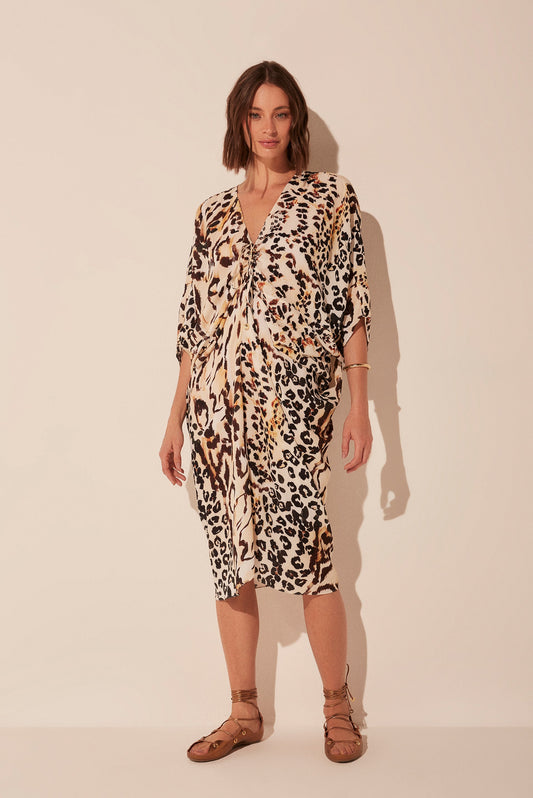 Agua De Coco Jaguar Patchwork Ruched Midi Dress E4731A1884