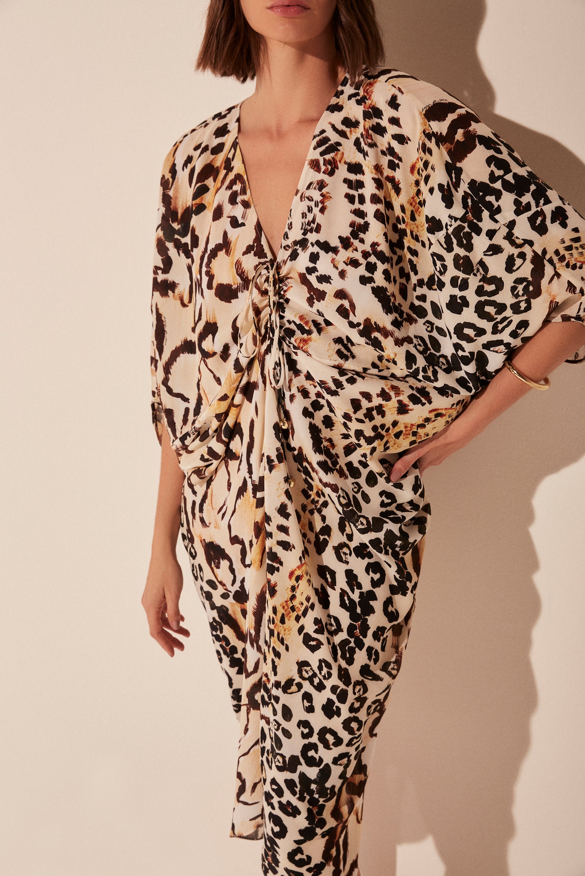 Agua De Coco Jaguar Patchwork Ruched Midi Dress E4731A1884