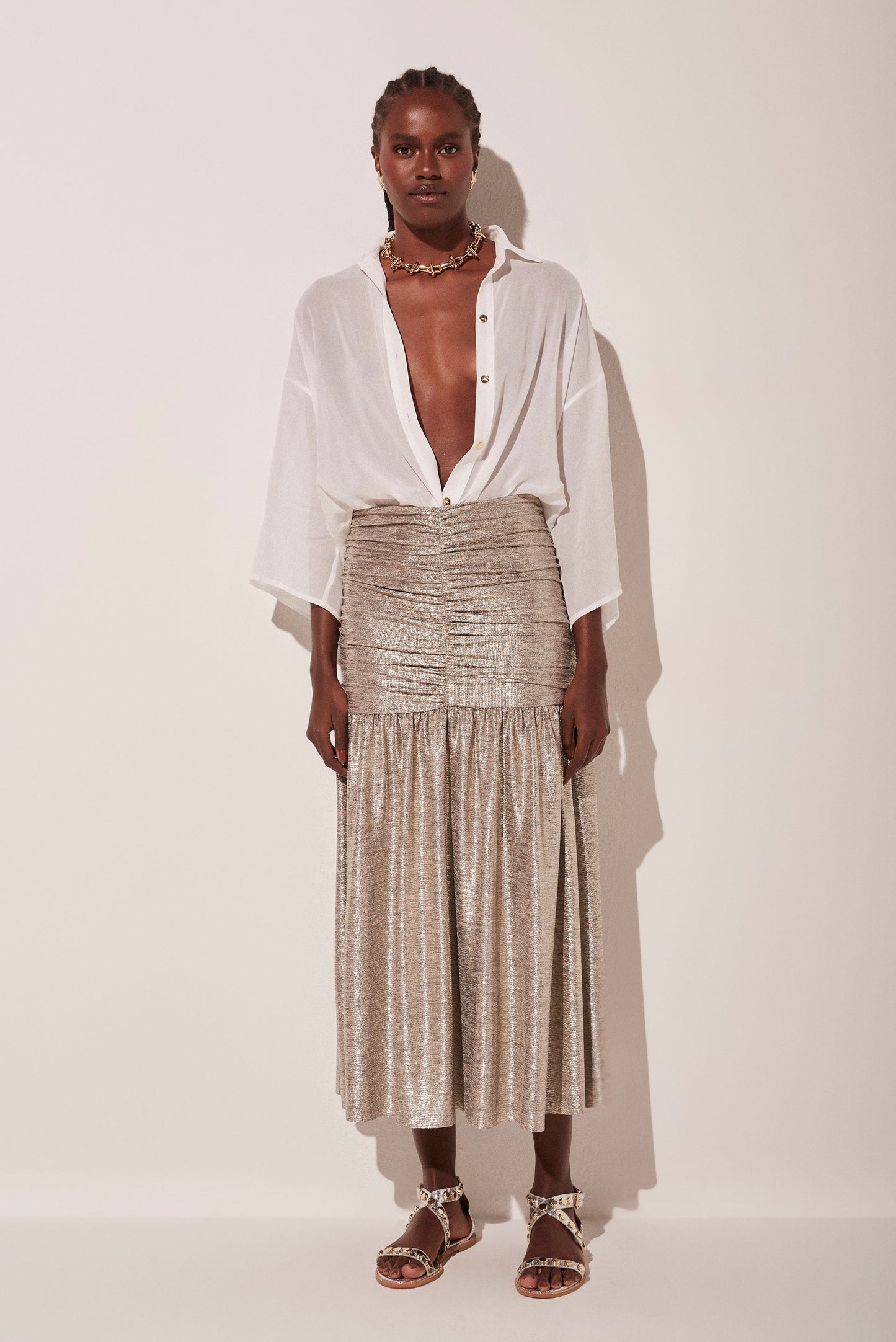 Agua De Coco Metallic Sunrise Ruched Midi Skirt E4749A1800