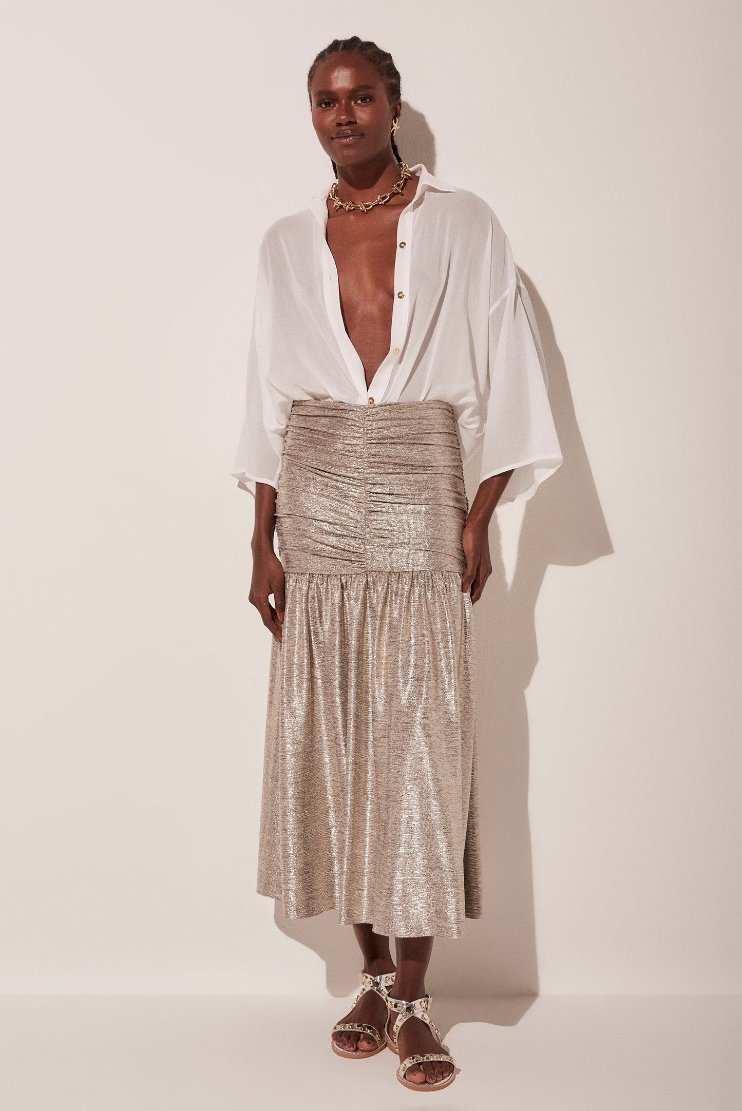 Agua De Coco Metallic Sunrise Ruched Midi Skirt E4749A1800