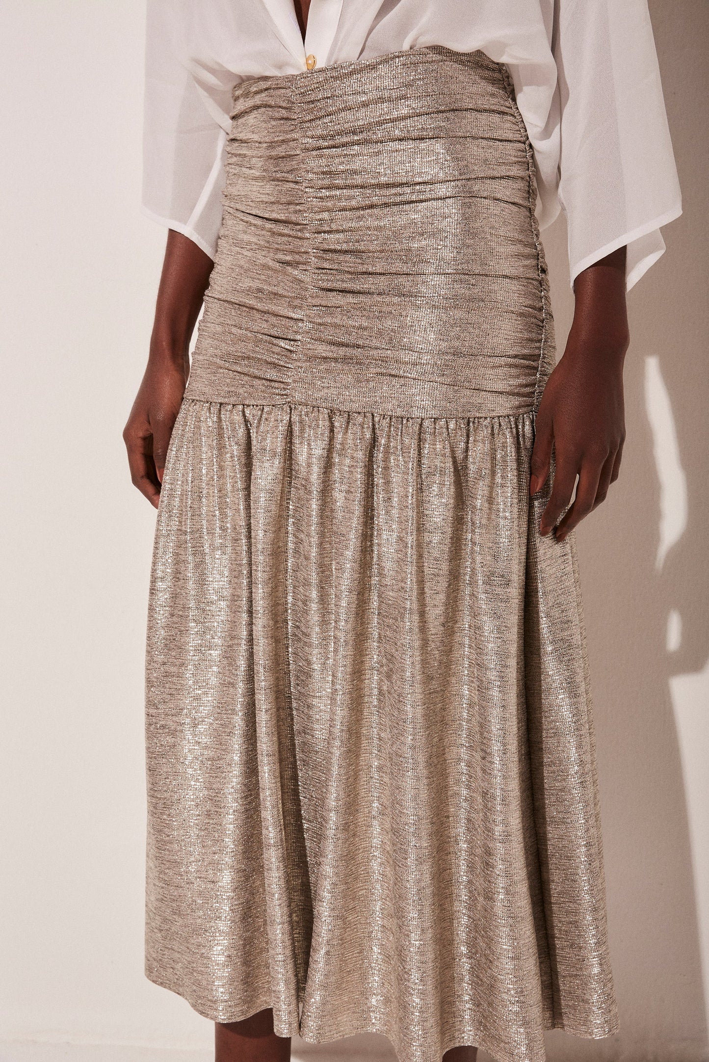 Agua De Coco Metallic Sunrise Ruched Midi Skirt E4749A1800