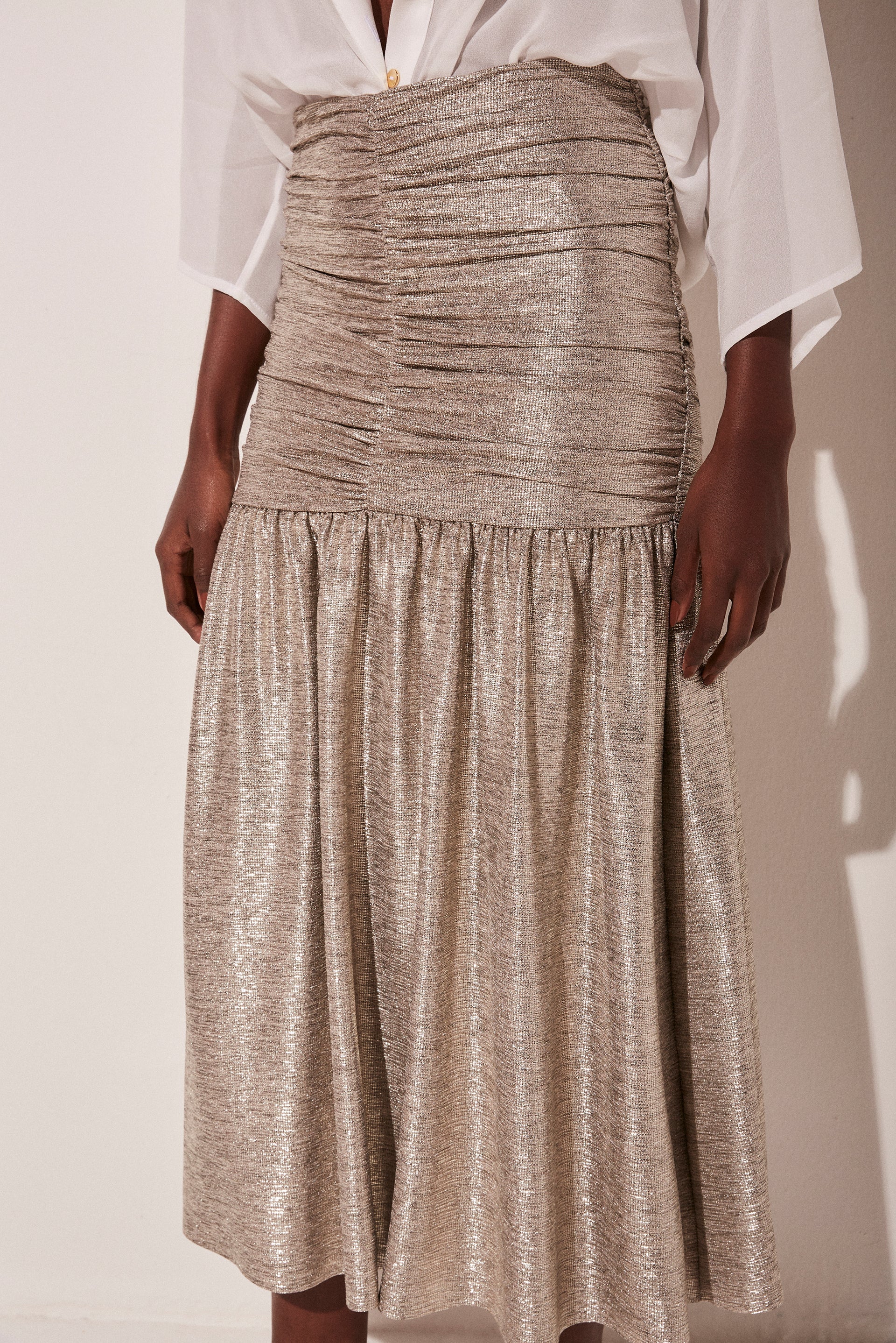 Agua De Coco Metallic Sunrise Ruched Midi Skirt E4749A1800